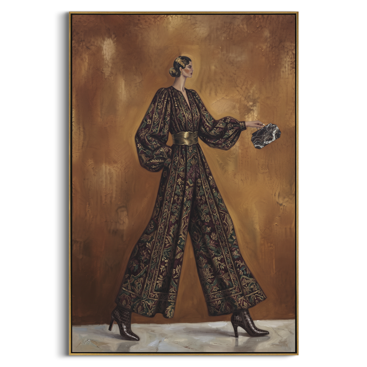 Mossy Playful Patterned Fashion Walker focuses on a stylish woman presenting a patterned outfit and accessory. The composition keeps the principal subject clearly separated from the painted field, so the eye can follow the specific gesture, silhouette, garment, fur, petal, ridge, or river visible in this artwork. Its color relationships move between green, brown, and yellow, with lighter passages opening the focal area and deeper strokes giving the forms weight. Palette-knife edges, impasto