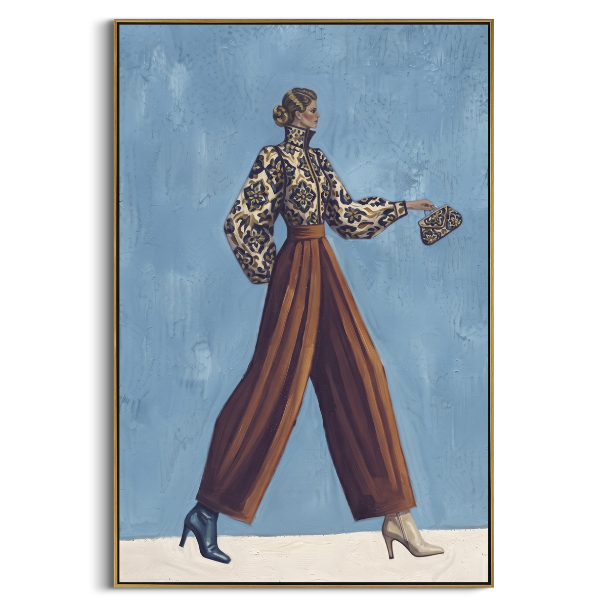 Restful Playful Patterned Fashion Walker focuses on a stylish woman presenting a patterned outfit and accessory. The composition keeps the principal subject clearly separated from the painted field, so the eye can follow the specific gesture, silhouette, garment, fur, petal, ridge, or river visible in this artwork. Its color relationships move between green, grey, and pink, with lighter passages opening the focal area and deeper strokes giving the forms weight. Palette-knife edges, impasto