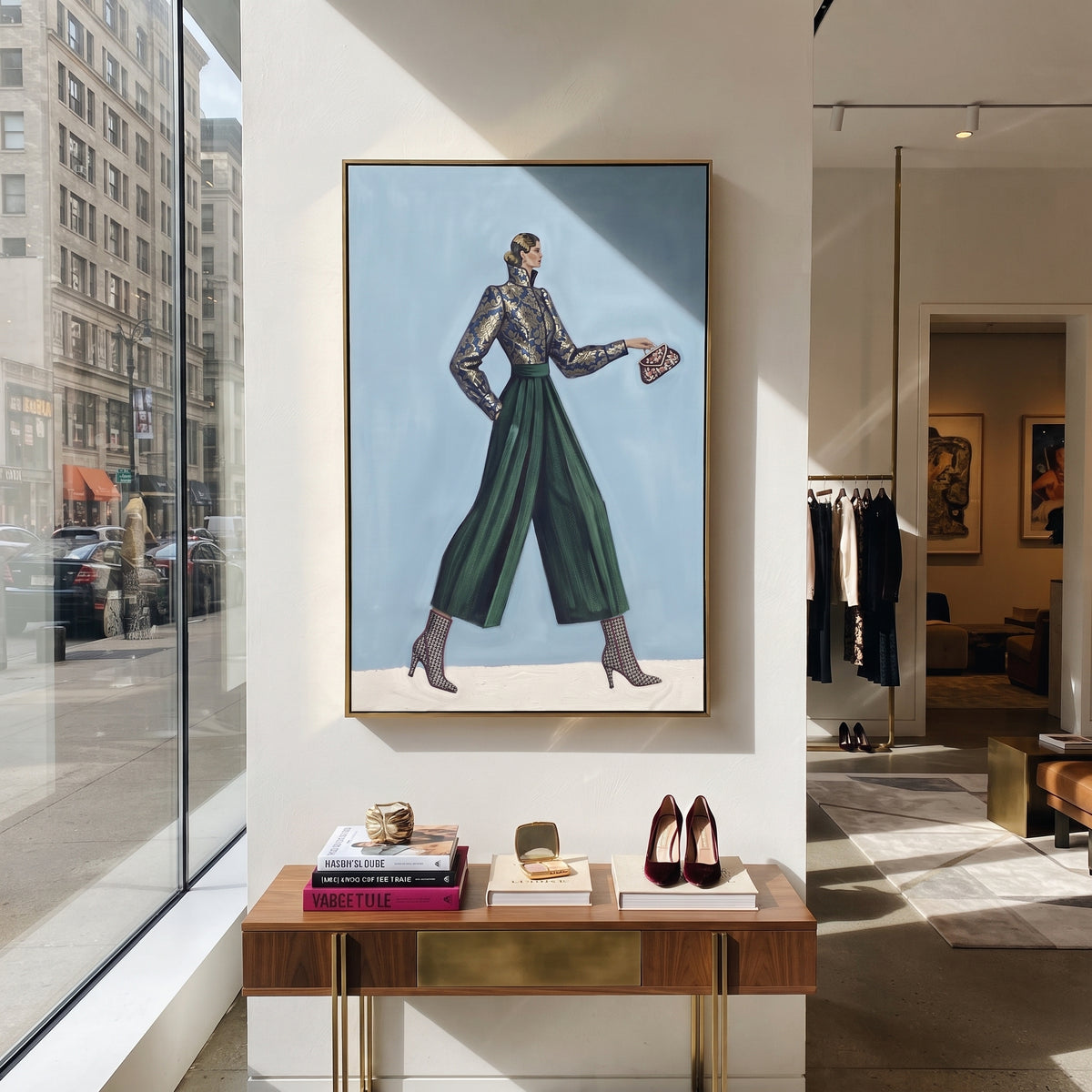 Playful Playful Patterned Fashion Walker focuses on a stylish woman presenting a patterned outfit and accessory. The composition keeps the principal subject clearly separated from the painted field, so the eye can follow the specific gesture, silhouette, garment, fur, petal, ridge, or river visible in this artwork. Its color relationships move between beige, black, and blue, with lighter passages opening the focal area and deeper strokes giving the forms weight. Palette-knife edges, impasto
