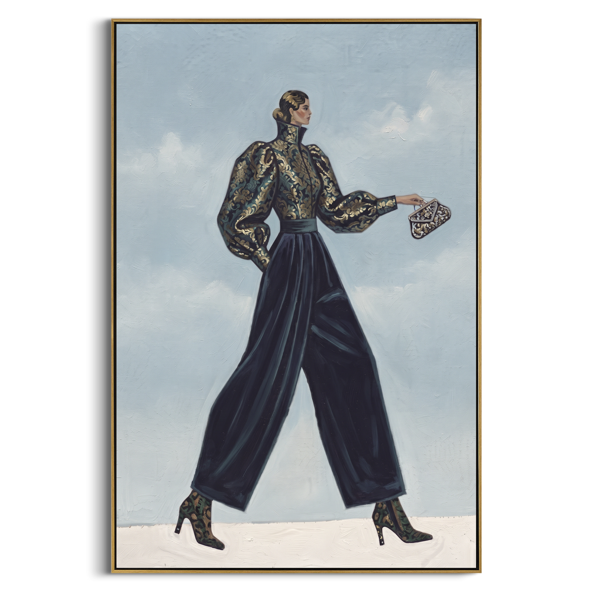 Distant Playful Patterned Fashion Walker focuses on a stylish woman presenting a patterned outfit and accessory. The composition keeps the principal subject clearly separated from the painted field, so the eye can follow the specific gesture, silhouette, garment, fur, petal, ridge, or river visible in this artwork. Its color relationships move between purple, green, and white, with lighter passages opening the focal area and deeper strokes giving the forms weight. Palette-knife edges, impasto