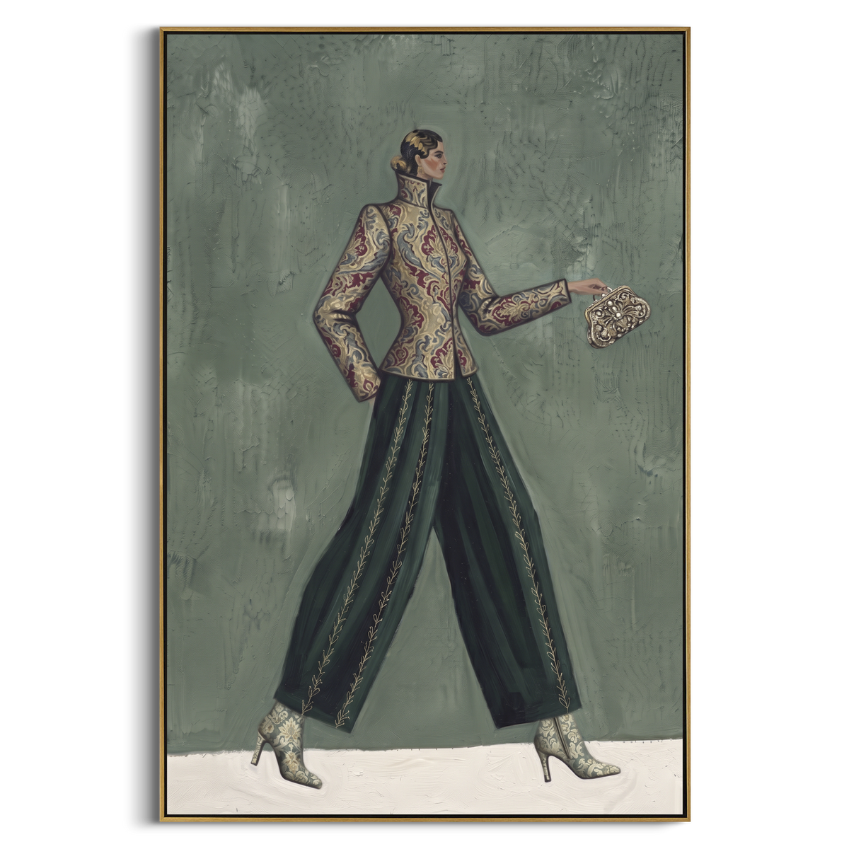 River Playful Patterned Fashion Walker focuses on a stylish woman presenting a patterned outfit and accessory. The composition keeps the principal subject clearly separated from the painted field, so the eye can follow the specific gesture, silhouette, garment, fur, petal, ridge, or river visible in this artwork. Its color relationships move between orange, pink, and green, with lighter passages opening the focal area and deeper strokes giving the forms weight. Palette-knife edges, impasto