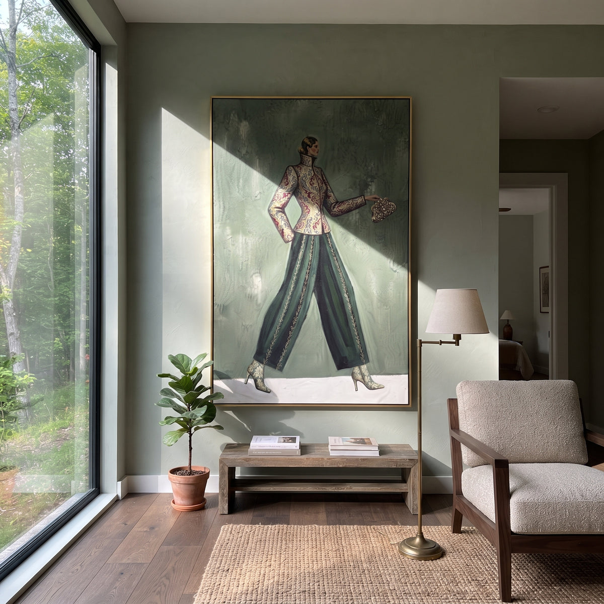 River Playful Patterned Fashion Walker focuses on a stylish woman presenting a patterned outfit and accessory. The composition keeps the principal subject clearly separated from the painted field, so the eye can follow the specific gesture, silhouette, garment, fur, petal, ridge, or river visible in this artwork. Its color relationships move between orange, pink, and green, with lighter passages opening the focal area and deeper strokes giving the forms weight. Palette-knife edges, impasto