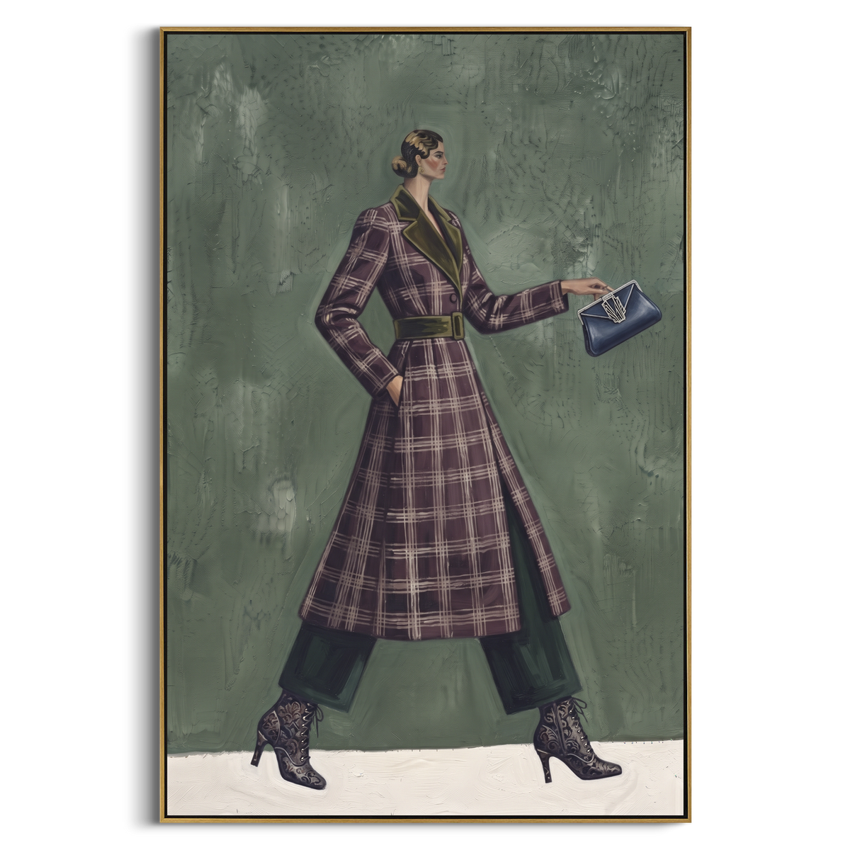 Warm Playful Patterned Fashion Walker focuses on a stylish woman presenting a patterned outfit and accessory. The composition keeps the principal subject clearly separated from the painted field, so the eye can follow the specific gesture, silhouette, garment, fur, petal, ridge, or river visible in this artwork. Its color relationships move between green, yellow, and beige, with lighter passages opening the focal area and deeper strokes giving the forms weight. Palette-knife edges, impasto
