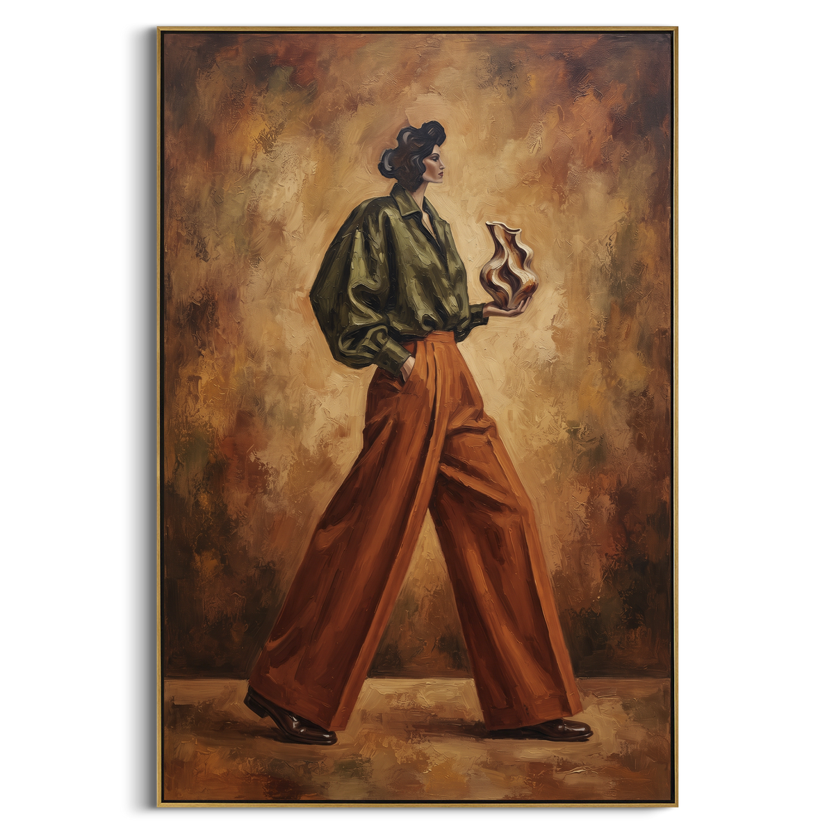 Gentle Playful Patterned Fashion Walker focuses on a stylish woman presenting a patterned outfit and accessory. The composition keeps the principal subject clearly separated from the painted field, so the eye can follow the specific gesture, silhouette, garment, fur, petal, ridge, or river visible in this artwork. Its color relationships move between green, brown, and yellow, with lighter passages opening the focal area and deeper strokes giving the forms weight. Palette-knife edges, impasto