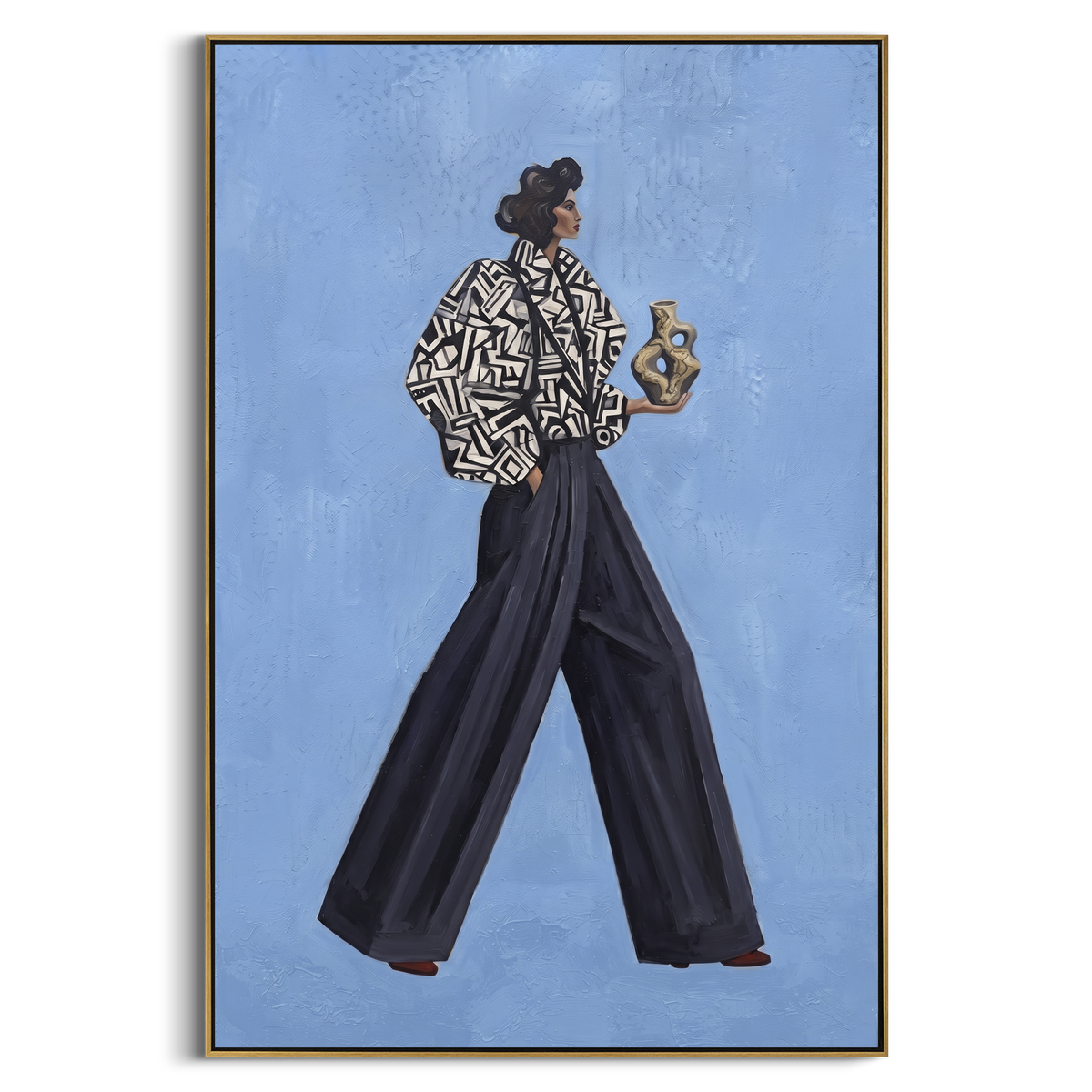 Open Playful Patterned Fashion Walker focuses on a stylish woman presenting a patterned outfit and accessory. The composition keeps the principal subject clearly separated from the painted field, so the eye can follow the specific gesture, silhouette, garment, fur, petal, ridge, or river visible in this artwork. Its color relationships move between orange, black, and beige, with lighter passages opening the focal area and deeper strokes giving the forms weight. Palette-knife edges, impasto
