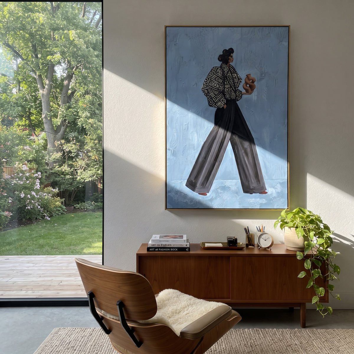 Wandering Playful Patterned Fashion Walker focuses on a stylish woman presenting a patterned outfit and accessory. The composition keeps the principal subject clearly separated from the painted field, so the eye can follow the specific gesture, silhouette, garment, fur, petal, ridge, or river visible in this artwork. Its color relationships move between blue, red, and white, with lighter passages opening the focal area and deeper strokes giving the forms weight. Palette-knife edges, impasto