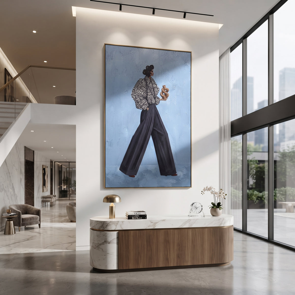 Wandering Playful Patterned Fashion Walker focuses on a stylish woman presenting a patterned outfit and accessory. The composition keeps the principal subject clearly separated from the painted field, so the eye can follow the specific gesture, silhouette, garment, fur, petal, ridge, or river visible in this artwork. Its color relationships move between blue, red, and white, with lighter passages opening the focal area and deeper strokes giving the forms weight. Palette-knife edges, impasto