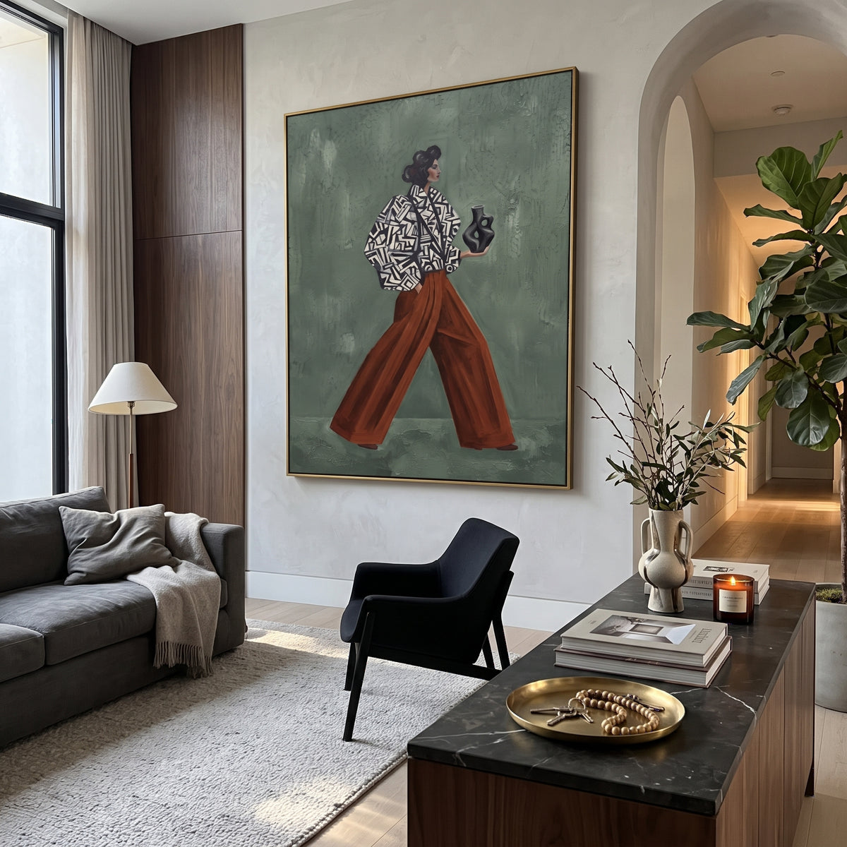 Reflective Playful Patterned Fashion Walker focuses on a stylish woman presenting a patterned outfit and accessory. The composition keeps the principal subject clearly separated from the painted field, so the eye can follow the specific gesture, silhouette, garment, fur, petal, ridge, or river visible in this artwork. Its color relationships move between green, grey, and pink, with lighter passages opening the focal area and deeper strokes giving the forms weight. Palette-knife edges, impasto