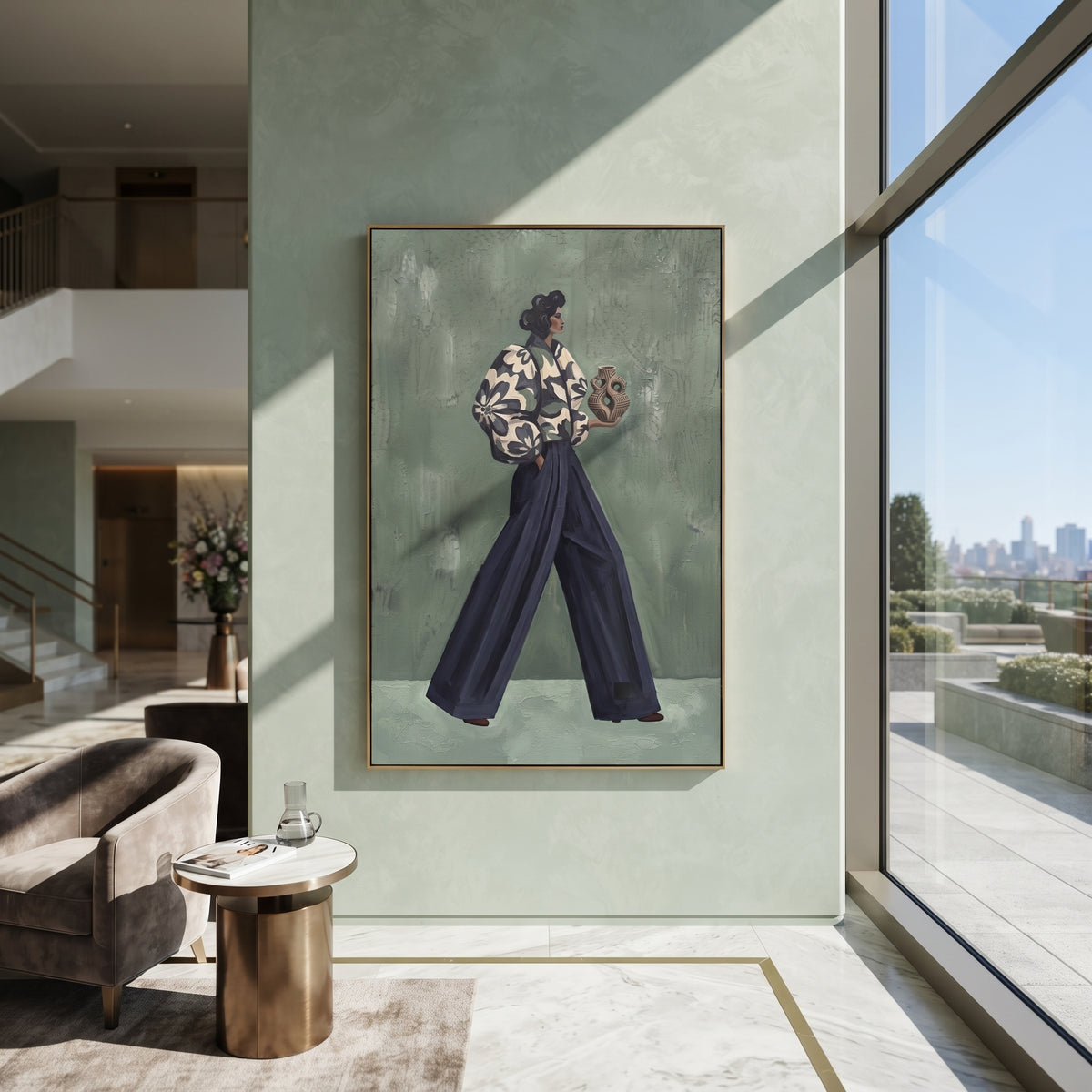 Storybook Playful Patterned Fashion Walker focuses on a stylish woman presenting a patterned outfit and accessory. The composition keeps the principal subject clearly separated from the painted field, so the eye can follow the specific gesture, silhouette, garment, fur, petal, ridge, or river visible in this artwork. Its color relationships move between purple, green, and white, with lighter passages opening the focal area and deeper strokes giving the forms weight. Palette-knife edges, impasto