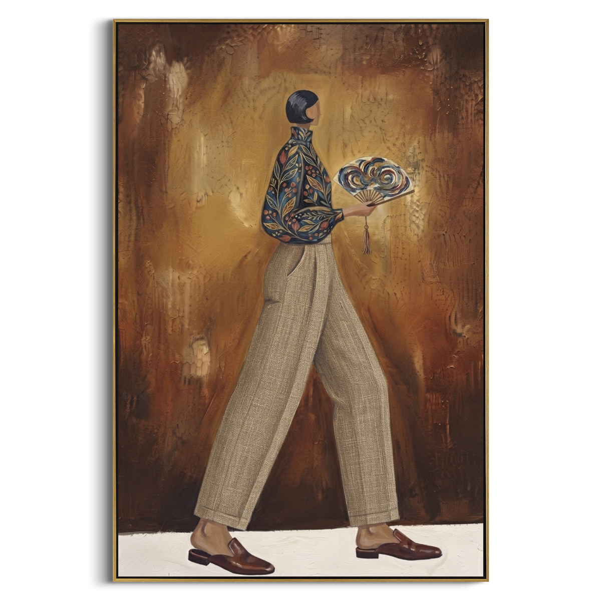 Quiet Distant Patterned Fashion Walker focuses on a stylish woman presenting a patterned outfit and accessory. The composition keeps the principal subject clearly separated from the painted field, so the eye can follow the specific gesture, silhouette, garment, fur, petal, ridge, or river visible in this artwork. Its color relationships move between blue, beige, and brown, with lighter passages opening the focal area and deeper strokes giving the forms weight. Palette-knife edges, impasto