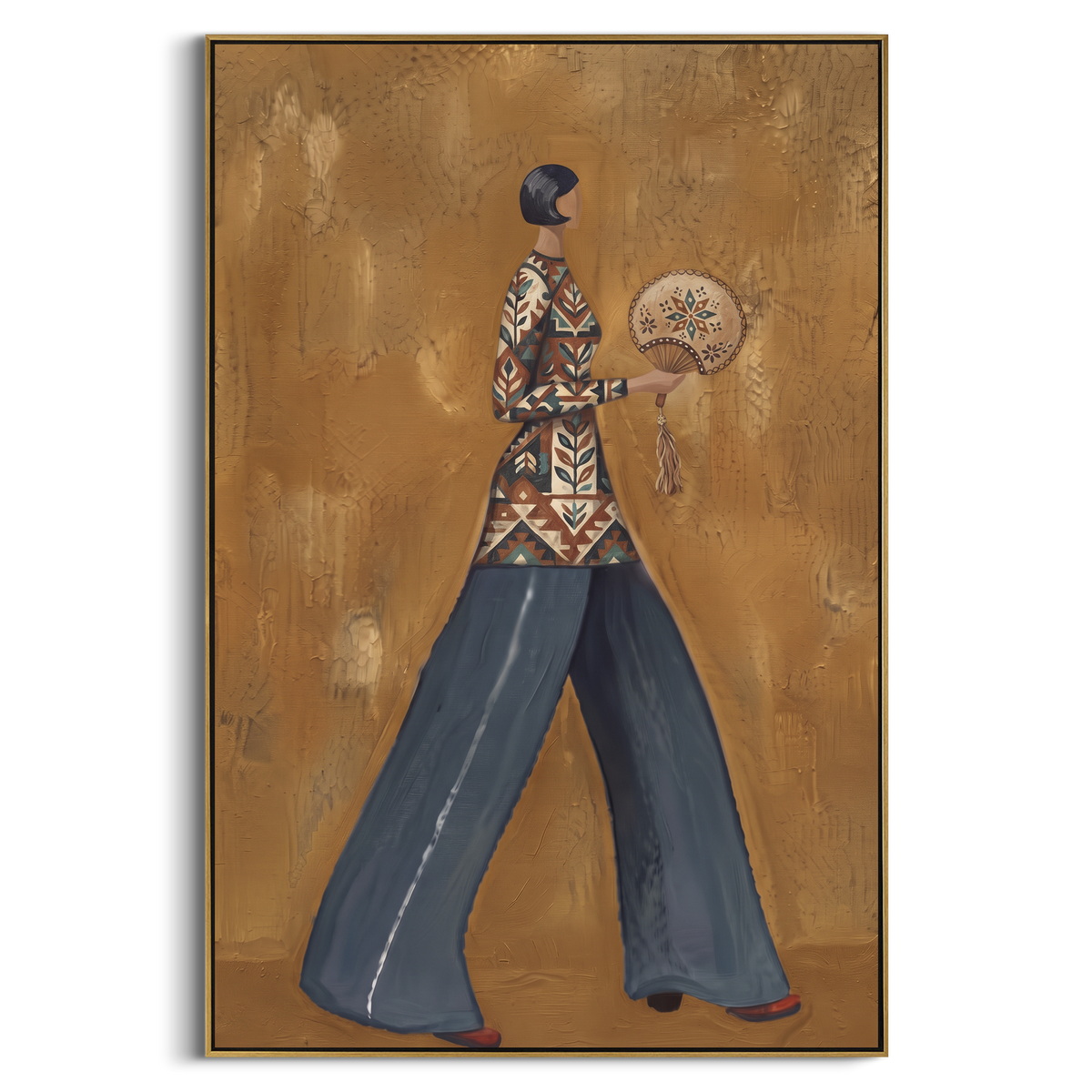 Luminous Distant Patterned Fashion Walker focuses on a stylish woman presenting a patterned outfit and accessory. The composition keeps the principal subject clearly separated from the painted field, so the eye can follow the specific gesture, silhouette, garment, fur, petal, ridge, or river visible in this artwork. Its color relationships move between orange, pink, and green, with lighter passages opening the focal area and deeper strokes giving the forms weight. Palette-knife edges, impasto