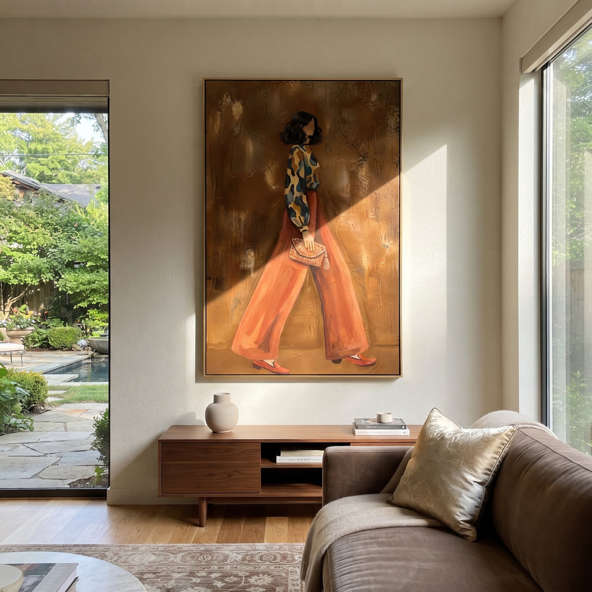 Tender Distant Patterned Fashion Walker focuses on a stylish woman presenting a patterned outfit and accessory. The composition keeps the principal subject clearly separated from the painted field, so the eye can follow the specific gesture, silhouette, garment, fur, petal, ridge, or river visible in this artwork. Its color relationships move between green, yellow, and beige, with lighter passages opening the focal area and deeper strokes giving the forms weight. Palette-knife edges, impasto