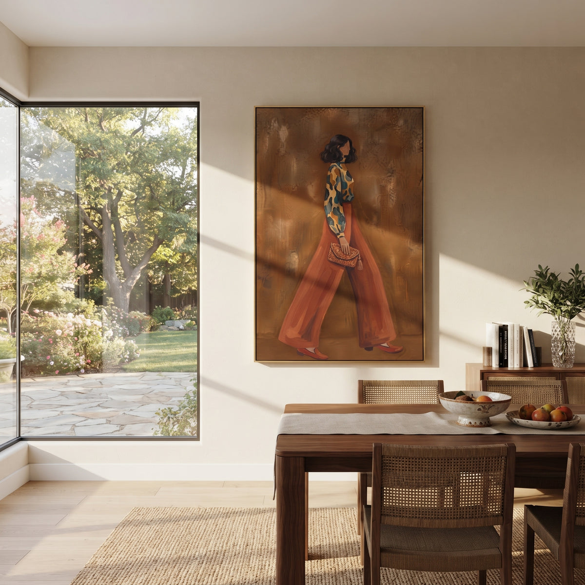 Tender Distant Patterned Fashion Walker focuses on a stylish woman presenting a patterned outfit and accessory. The composition keeps the principal subject clearly separated from the painted field, so the eye can follow the specific gesture, silhouette, garment, fur, petal, ridge, or river visible in this artwork. Its color relationships move between green, yellow, and beige, with lighter passages opening the focal area and deeper strokes giving the forms weight. Palette-knife edges, impasto