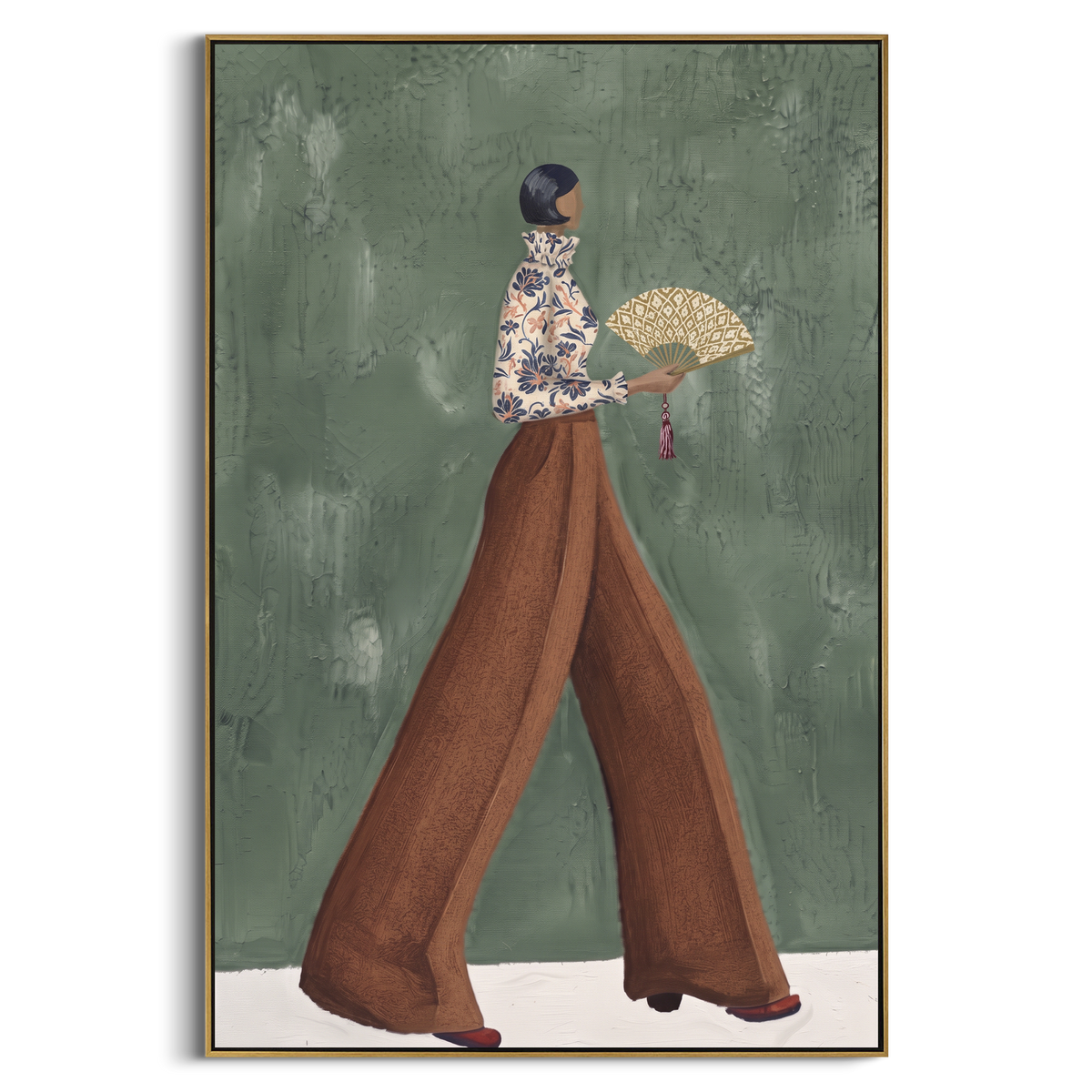 Cobalt Distant Patterned Fashion Walker focuses on a stylish woman presenting a patterned outfit and accessory. The composition keeps the principal subject clearly separated from the painted field, so the eye can follow the specific gesture, silhouette, garment, fur, petal, ridge, or river visible in this artwork. Its color relationships move between blue, grey, and white, with lighter passages opening the focal area and deeper strokes giving the forms weight. Palette-knife edges, impasto