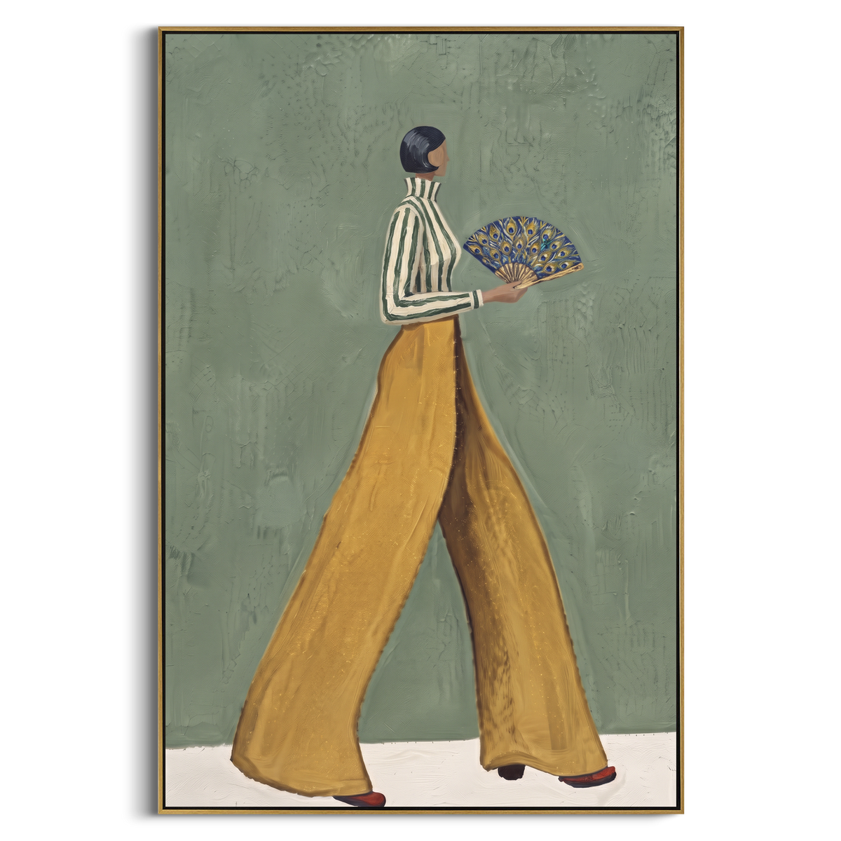Mossy Distant Patterned Fashion Walker focuses on a stylish woman presenting a patterned outfit and accessory. The composition keeps the principal subject clearly separated from the painted field, so the eye can follow the specific gesture, silhouette, garment, fur, petal, ridge, or river visible in this artwork. Its color relationships move between green, brown, and yellow, with lighter passages opening the focal area and deeper strokes giving the forms weight. Palette-knife edges, impasto