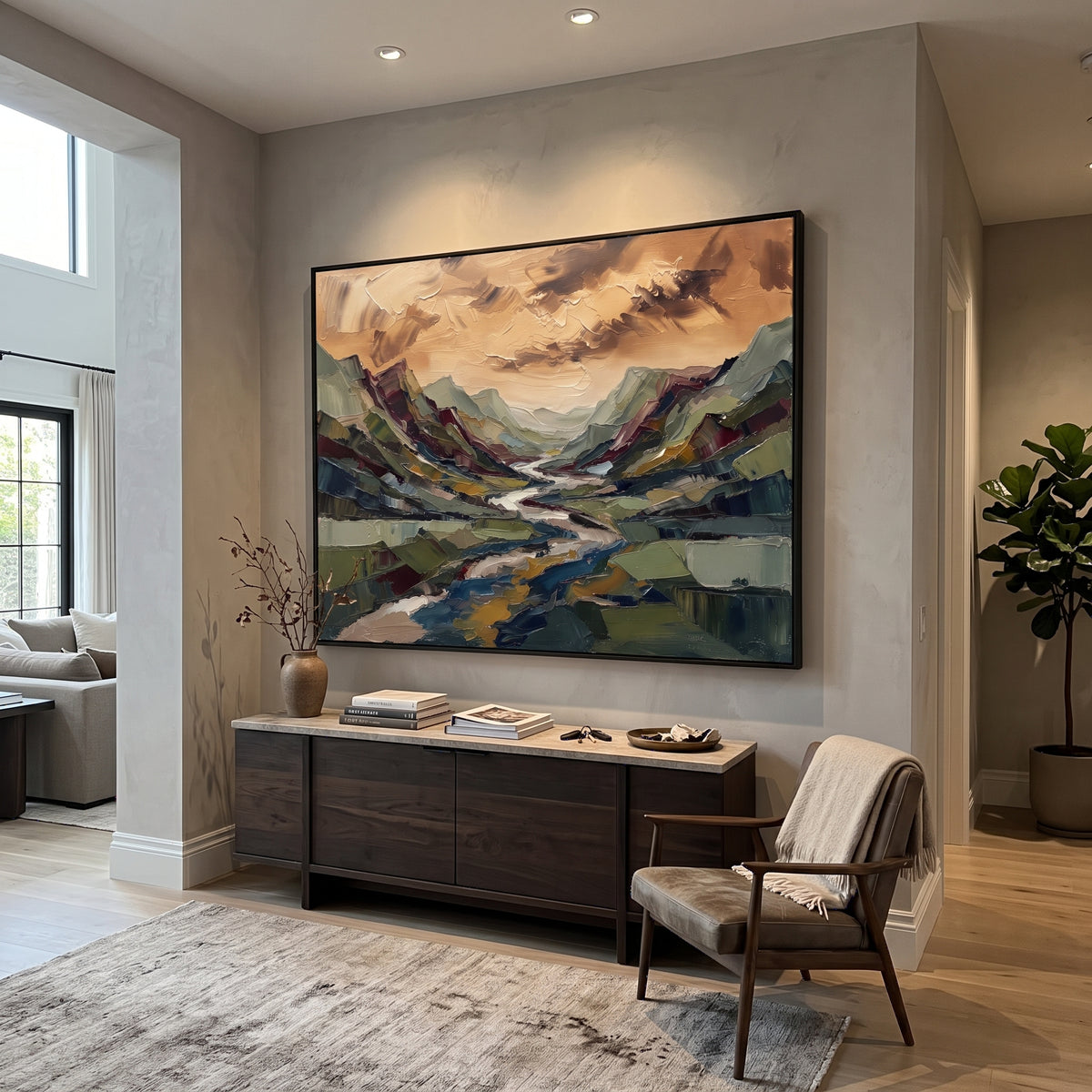 Golden Distant Mountain River Valley focuses on layered mountain ridges opening toward a bright winding river. The composition keeps the principal subject clearly separated from the painted field, so the eye can follow the specific gesture, silhouette, garment, fur, petal, ridge, or river visible in this artwork. Its color relationships move between orange, black, and beige, with lighter passages opening the focal area and deeper strokes giving the forms weight. Palette-knife edges, impasto