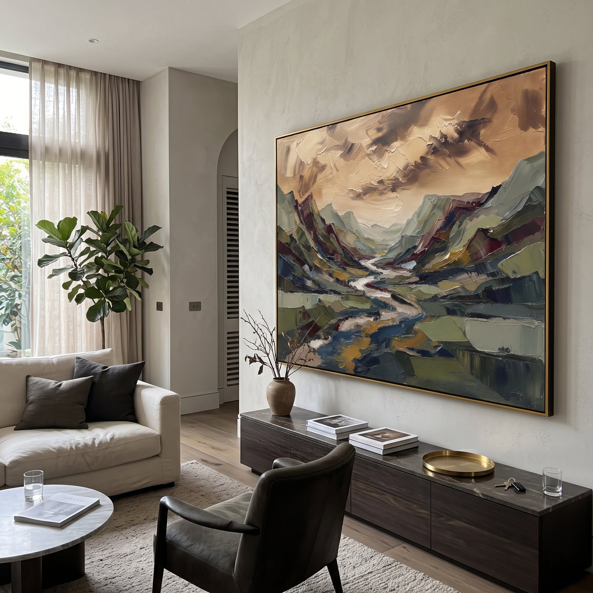 Golden Distant Mountain River Valley focuses on layered mountain ridges opening toward a bright winding river. The composition keeps the principal subject clearly separated from the painted field, so the eye can follow the specific gesture, silhouette, garment, fur, petal, ridge, or river visible in this artwork. Its color relationships move between orange, black, and beige, with lighter passages opening the focal area and deeper strokes giving the forms weight. Palette-knife edges, impasto