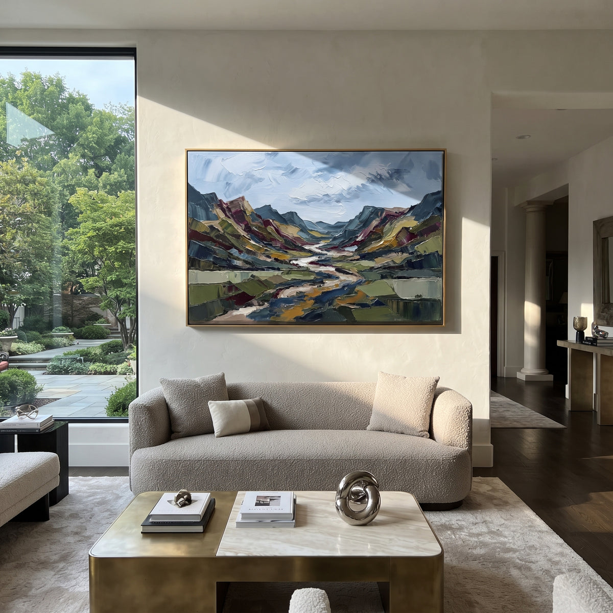 Soft Distant Mountain River Valley focuses on layered mountain ridges opening toward a bright winding river. The composition keeps the principal subject clearly separated from the painted field, so the eye can follow the specific gesture, silhouette, garment, fur, petal, ridge, or river visible in this artwork. Its color relationships move between blue, red, and white, with lighter passages opening the focal area and deeper strokes giving the forms weight. Palette-knife edges, impasto ridges