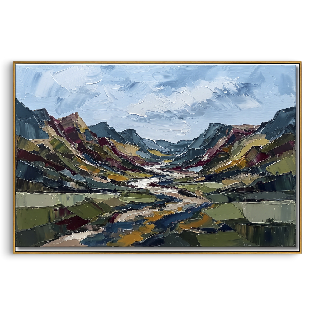 Soft Distant Mountain River Valley focuses on layered mountain ridges opening toward a bright winding river. The composition keeps the principal subject clearly separated from the painted field, so the eye can follow the specific gesture, silhouette, garment, fur, petal, ridge, or river visible in this artwork. Its color relationships move between blue, red, and white, with lighter passages opening the focal area and deeper strokes giving the forms weight. Palette-knife edges, impasto ridges