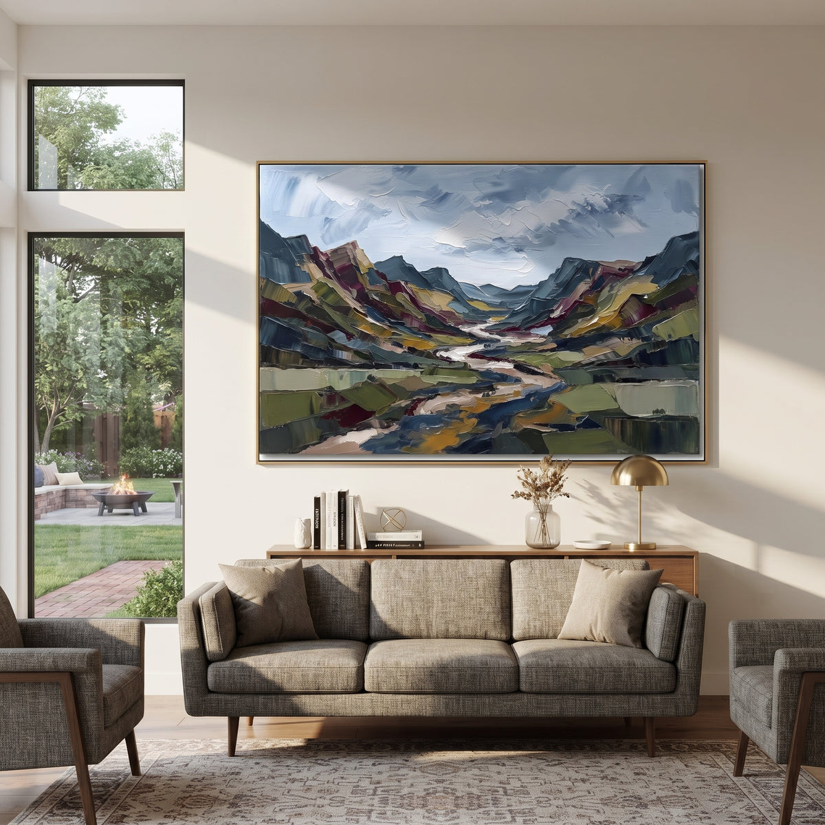 Soft Distant Mountain River Valley focuses on layered mountain ridges opening toward a bright winding river. The composition keeps the principal subject clearly separated from the painted field, so the eye can follow the specific gesture, silhouette, garment, fur, petal, ridge, or river visible in this artwork. Its color relationships move between blue, red, and white, with lighter passages opening the focal area and deeper strokes giving the forms weight. Palette-knife edges, impasto ridges