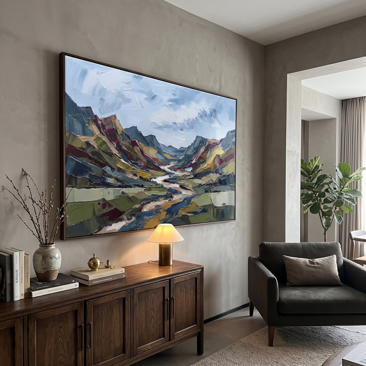Soft Distant Mountain River Valley focuses on layered mountain ridges opening toward a bright winding river. The composition keeps the principal subject clearly separated from the painted field, so the eye can follow the specific gesture, silhouette, garment, fur, petal, ridge, or river visible in this artwork. Its color relationships move between blue, red, and white, with lighter passages opening the focal area and deeper strokes giving the forms weight. Palette-knife edges, impasto ridges