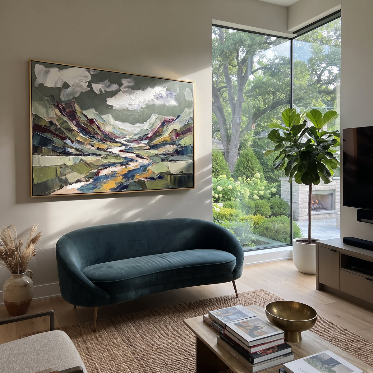 Restful Distant Mountain River Valley focuses on layered mountain ridges opening toward a bright winding river. The composition keeps the principal subject clearly separated from the painted field, so the eye can follow the specific gesture, silhouette, garment, fur, petal, ridge, or river visible in this artwork. Its color relationships move between green, grey, and pink, with lighter passages opening the focal area and deeper strokes giving the forms weight. Palette-knife edges, impasto