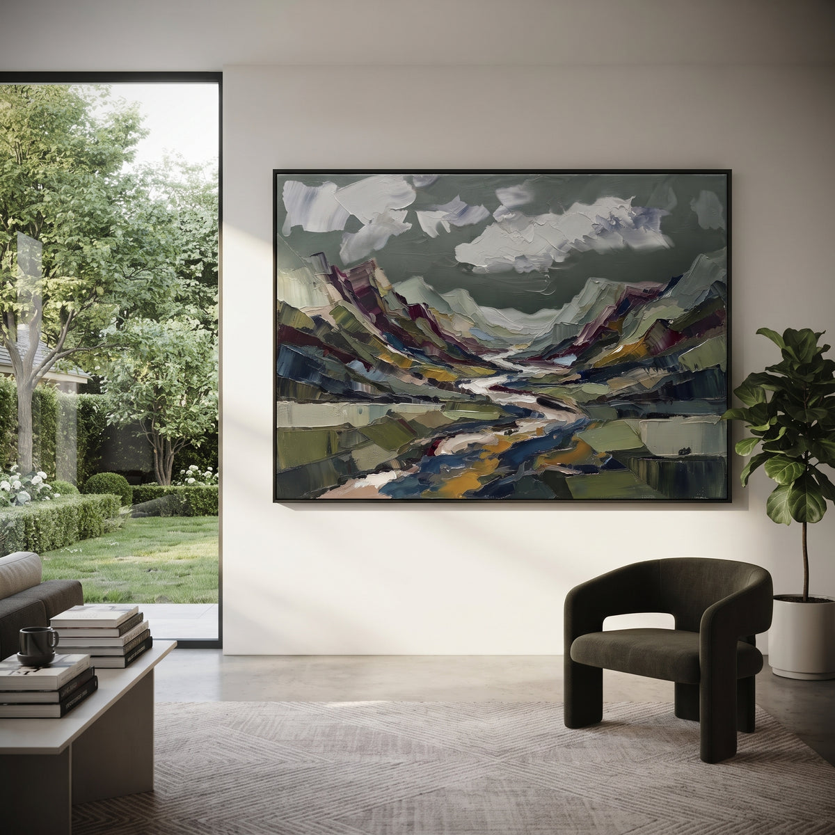 Restful Distant Mountain River Valley focuses on layered mountain ridges opening toward a bright winding river. The composition keeps the principal subject clearly separated from the painted field, so the eye can follow the specific gesture, silhouette, garment, fur, petal, ridge, or river visible in this artwork. Its color relationships move between green, grey, and pink, with lighter passages opening the focal area and deeper strokes giving the forms weight. Palette-knife edges, impasto