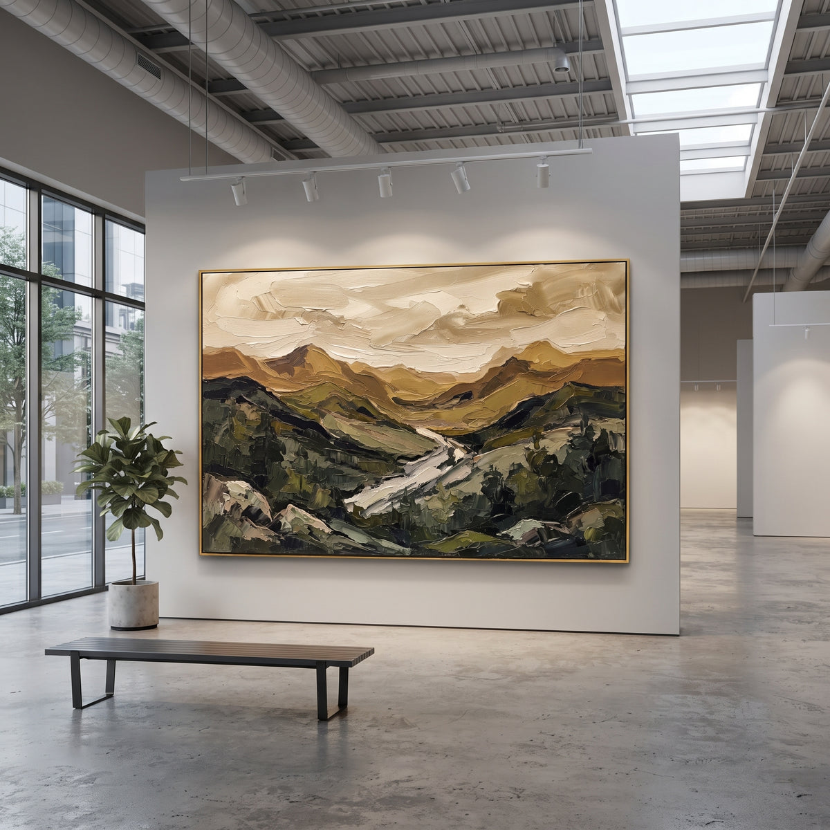 Playful Distant Mountain River Valley focuses on layered mountain ridges opening toward a bright winding river. The composition keeps the principal subject clearly separated from the painted field, so the eye can follow the specific gesture, silhouette, garment, fur, petal, ridge, or river visible in this artwork. Its color relationships move between beige, black, and blue, with lighter passages opening the focal area and deeper strokes giving the forms weight. Palette-knife edges, impasto