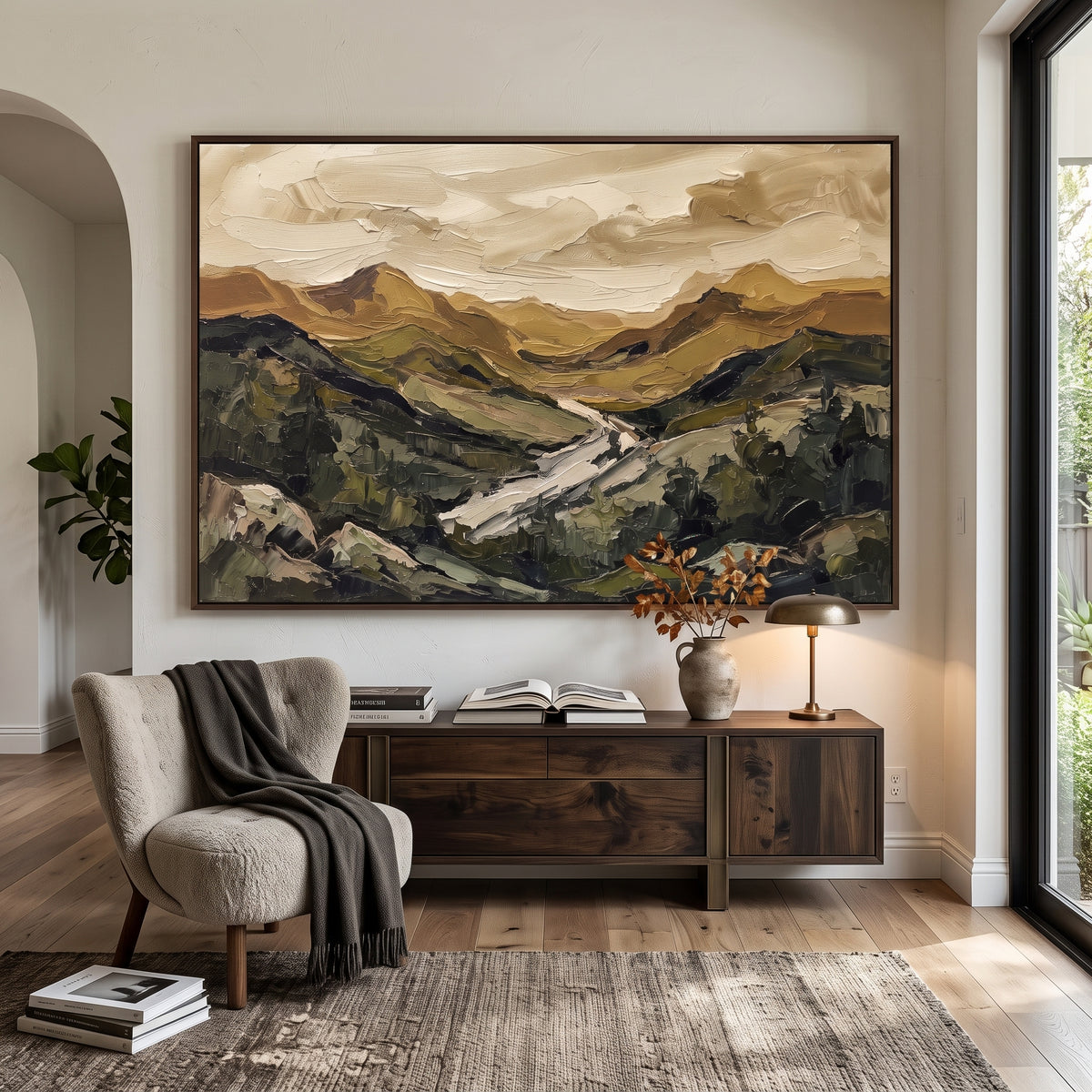 Playful Distant Mountain River Valley focuses on layered mountain ridges opening toward a bright winding river. The composition keeps the principal subject clearly separated from the painted field, so the eye can follow the specific gesture, silhouette, garment, fur, petal, ridge, or river visible in this artwork. Its color relationships move between beige, black, and blue, with lighter passages opening the focal area and deeper strokes giving the forms weight. Palette-knife edges, impasto