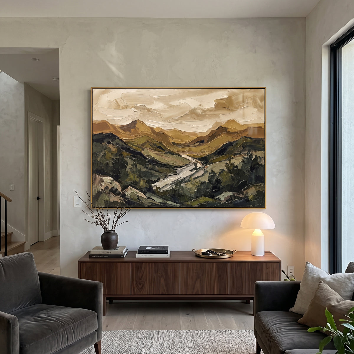 Playful Distant Mountain River Valley focuses on layered mountain ridges opening toward a bright winding river. The composition keeps the principal subject clearly separated from the painted field, so the eye can follow the specific gesture, silhouette, garment, fur, petal, ridge, or river visible in this artwork. Its color relationships move between beige, black, and blue, with lighter passages opening the focal area and deeper strokes giving the forms weight. Palette-knife edges, impasto