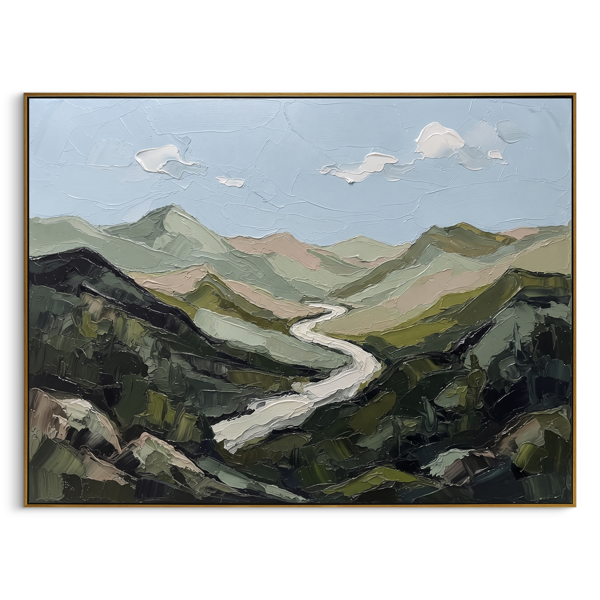 Distant Distant Mountain River Valley focuses on layered mountain ridges opening toward a bright winding river. The composition keeps the principal subject clearly separated from the painted field, so the eye can follow the specific gesture, silhouette, garment, fur, petal, ridge, or river visible in this artwork. Its color relationships move between purple, green, and white, with lighter passages opening the focal area and deeper strokes giving the forms weight. Palette-knife edges, impasto