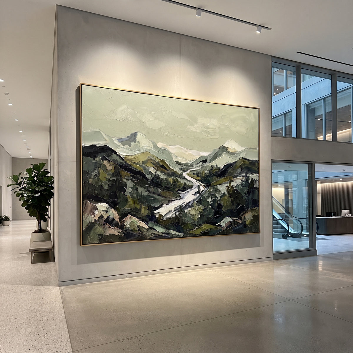 Gathered Distant Mountain River Valley focuses on layered mountain ridges opening toward a bright winding river. The composition keeps the principal subject clearly separated from the painted field, so the eye can follow the specific gesture, silhouette, garment, fur, petal, ridge, or river visible in this artwork. Its color relationships move between blue, beige, and brown, with lighter passages opening the focal area and deeper strokes giving the forms weight. Palette-knife edges, impasto