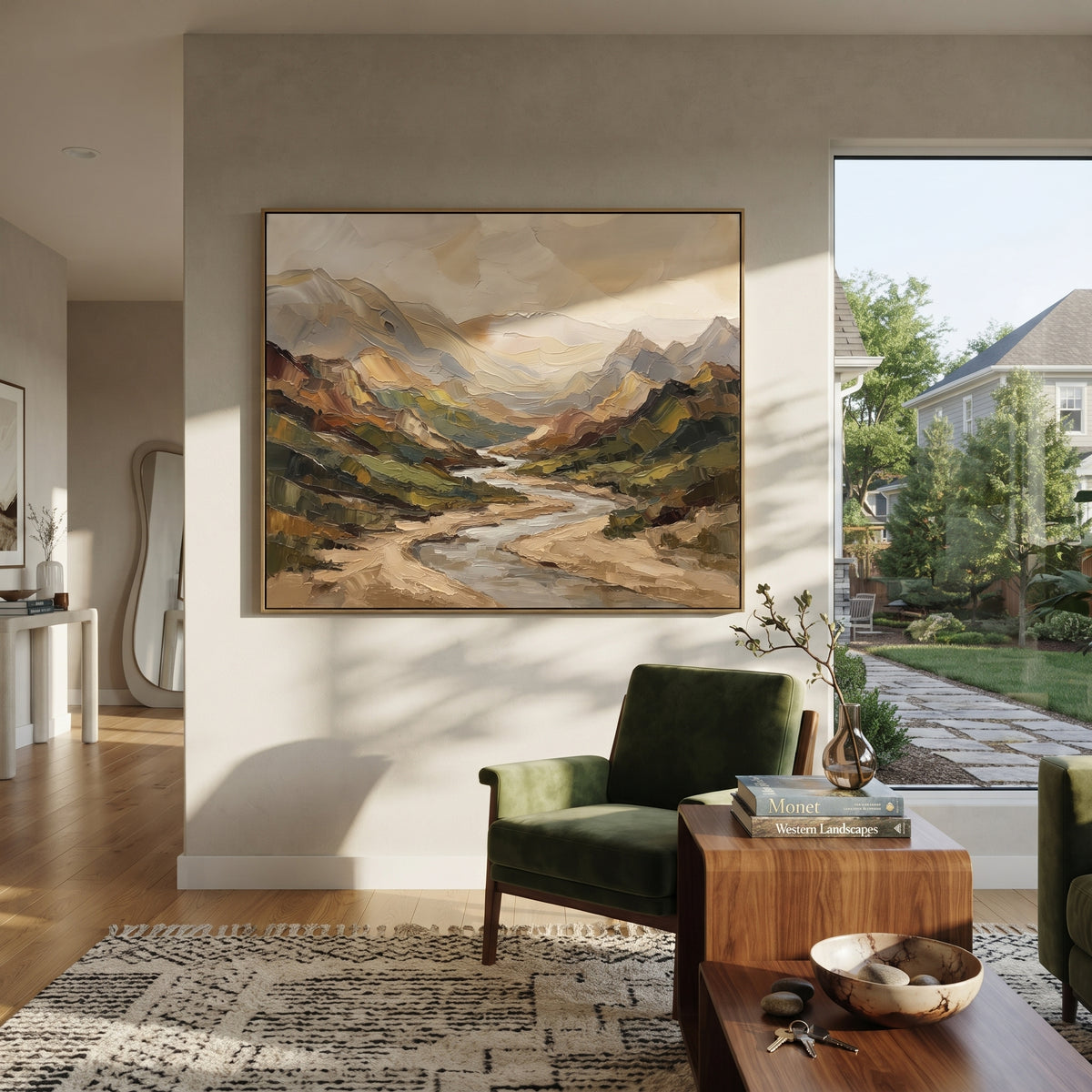 River Distant Mountain River Valley focuses on layered mountain ridges opening toward a bright winding river. The composition keeps the principal subject clearly separated from the painted field, so the eye can follow the specific gesture, silhouette, garment, fur, petal, ridge, or river visible in this artwork. Its color relationships move between orange, pink, and green, with lighter passages opening the focal area and deeper strokes giving the forms weight. Palette-knife edges, impasto