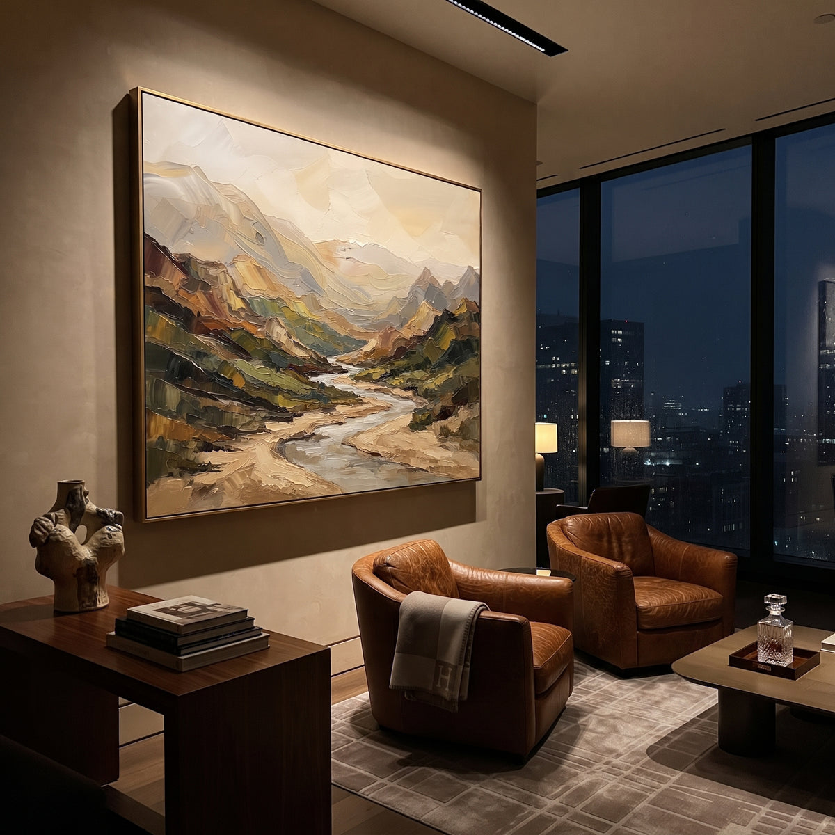 River Distant Mountain River Valley focuses on layered mountain ridges opening toward a bright winding river. The composition keeps the principal subject clearly separated from the painted field, so the eye can follow the specific gesture, silhouette, garment, fur, petal, ridge, or river visible in this artwork. Its color relationships move between orange, pink, and green, with lighter passages opening the focal area and deeper strokes giving the forms weight. Palette-knife edges, impasto