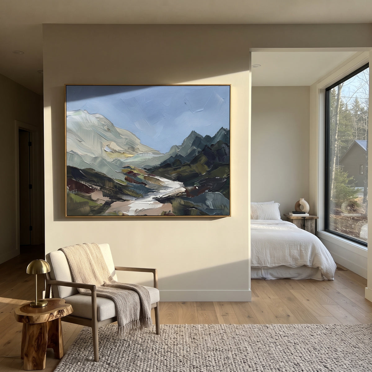 Warm Distant Mountain River Valley focuses on layered mountain ridges opening toward a bright winding river. The composition keeps the principal subject clearly separated from the painted field, so the eye can follow the specific gesture, silhouette, garment, fur, petal, ridge, or river visible in this artwork. Its color relationships move between green, yellow, and beige, with lighter passages opening the focal area and deeper strokes giving the forms weight. Palette-knife edges, impasto