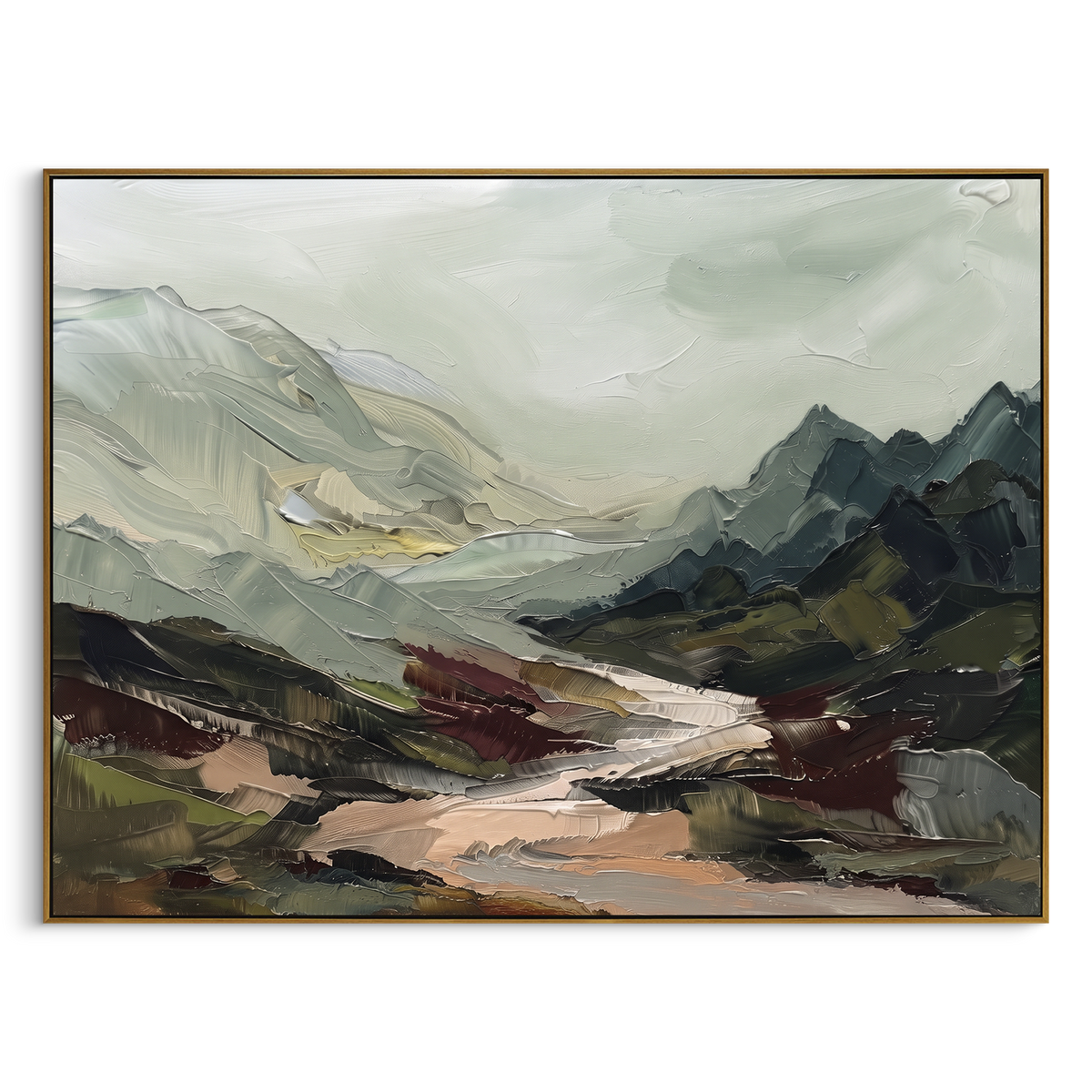 Still Distant Mountain River Valley focuses on layered mountain ridges opening toward a bright winding river. The composition keeps the principal subject clearly separated from the painted field, so the eye can follow the specific gesture, silhouette, garment, fur, petal, ridge, or river visible in this artwork. Its color relationships move between blue, grey, and white, with lighter passages opening the focal area and deeper strokes giving the forms weight. Palette-knife edges, impasto ridges