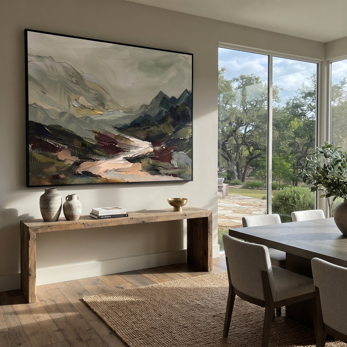 Still Distant Mountain River Valley focuses on layered mountain ridges opening toward a bright winding river. The composition keeps the principal subject clearly separated from the painted field, so the eye can follow the specific gesture, silhouette, garment, fur, petal, ridge, or river visible in this artwork. Its color relationships move between blue, grey, and white, with lighter passages opening the focal area and deeper strokes giving the forms weight. Palette-knife edges, impasto ridges