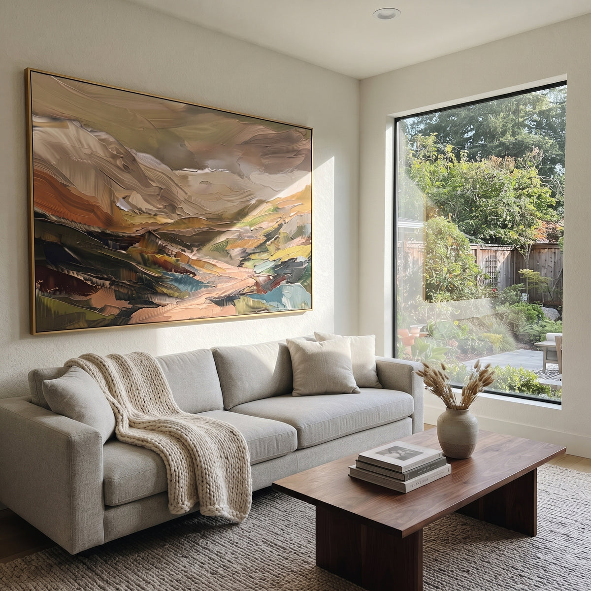 Gentle Distant Mountain River Valley focuses on layered mountain ridges opening toward a bright winding river. The composition keeps the principal subject clearly separated from the painted field, so the eye can follow the specific gesture, silhouette, garment, fur, petal, ridge, or river visible in this artwork. Its color relationships move between green, brown, and yellow, with lighter passages opening the focal area and deeper strokes giving the forms weight. Palette-knife edges, impasto