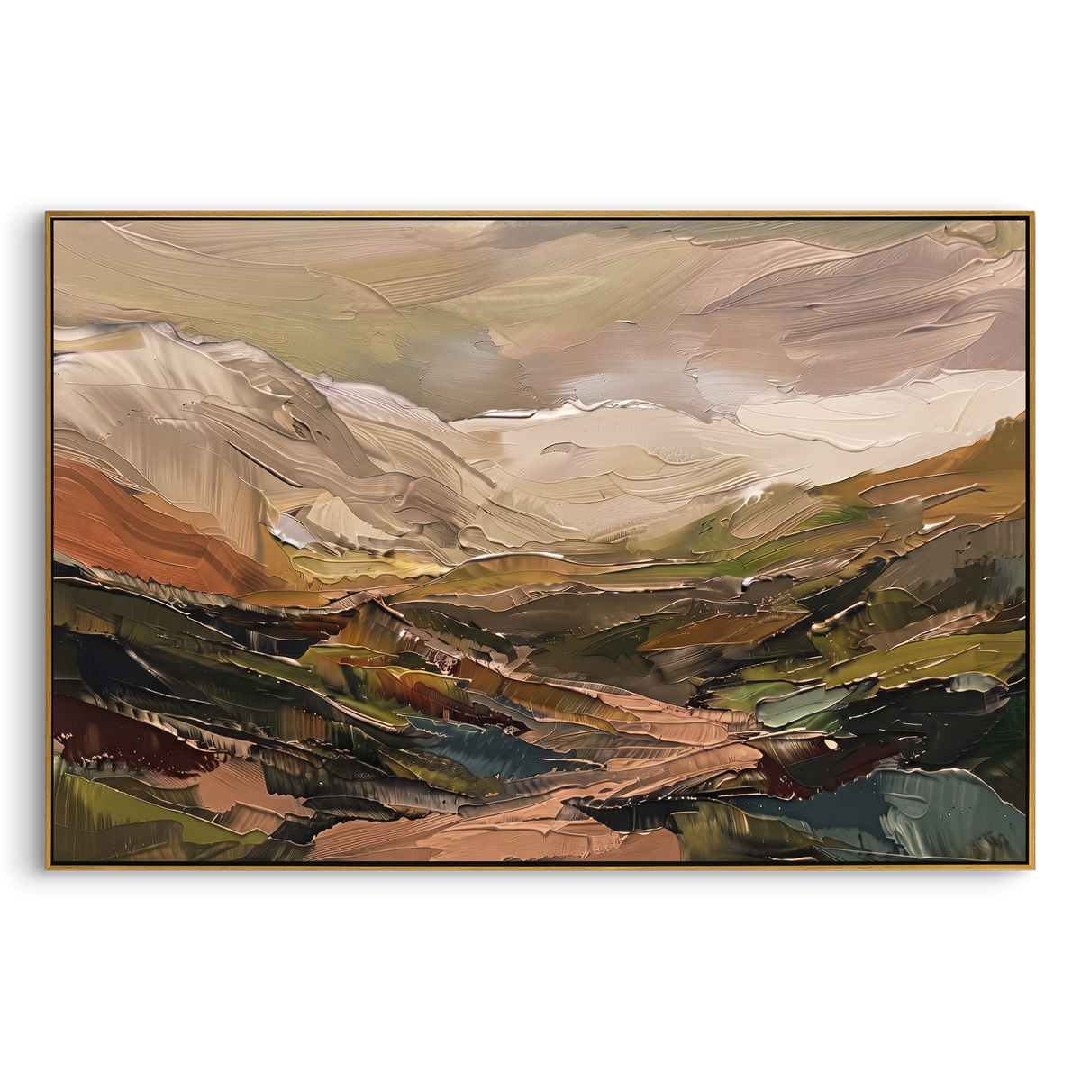 Gentle Distant Mountain River Valley focuses on layered mountain ridges opening toward a bright winding river. The composition keeps the principal subject clearly separated from the painted field, so the eye can follow the specific gesture, silhouette, garment, fur, petal, ridge, or river visible in this artwork. Its color relationships move between green, brown, and yellow, with lighter passages opening the focal area and deeper strokes giving the forms weight. Palette-knife edges, impasto