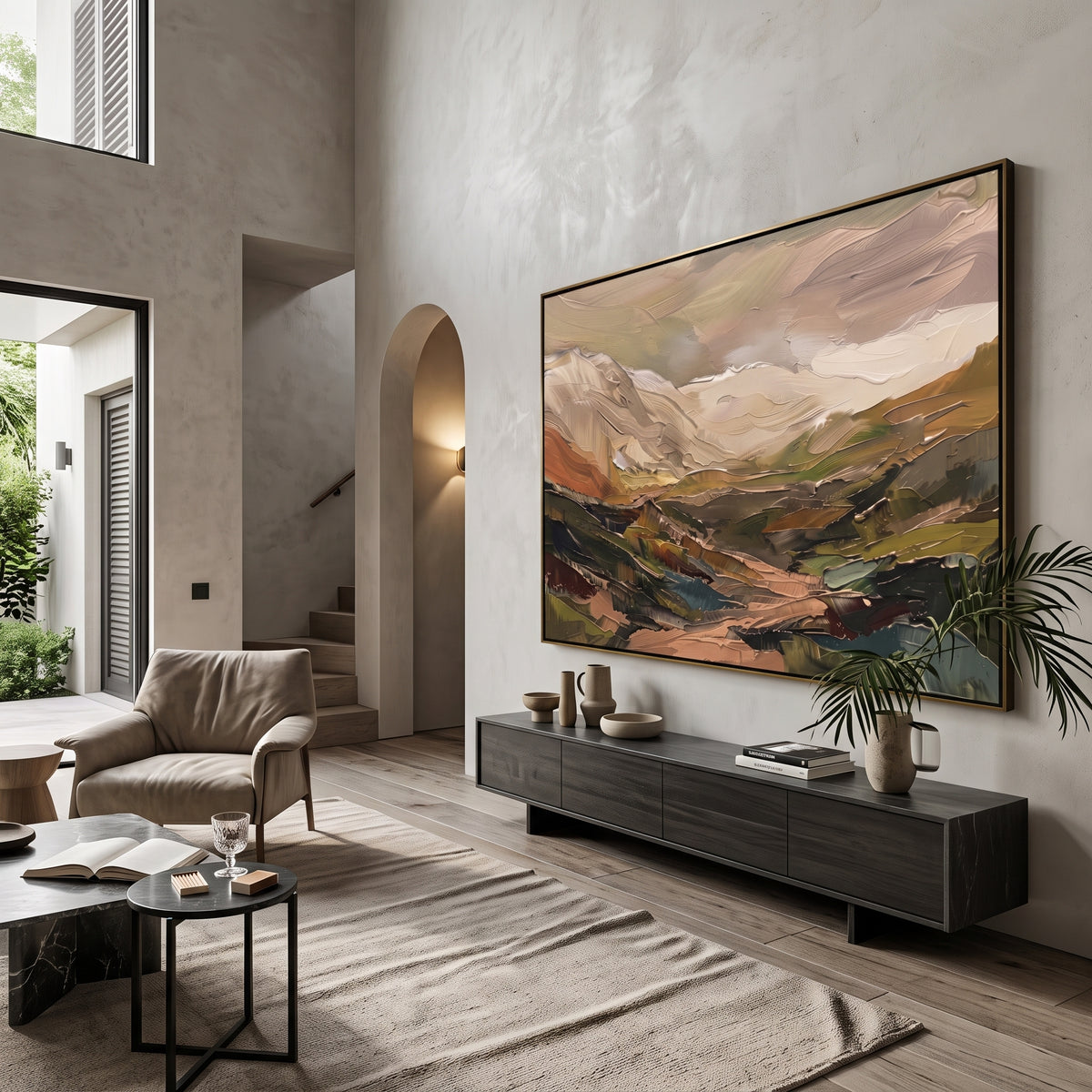 Gentle Distant Mountain River Valley focuses on layered mountain ridges opening toward a bright winding river. The composition keeps the principal subject clearly separated from the painted field, so the eye can follow the specific gesture, silhouette, garment, fur, petal, ridge, or river visible in this artwork. Its color relationships move between green, brown, and yellow, with lighter passages opening the focal area and deeper strokes giving the forms weight. Palette-knife edges, impasto