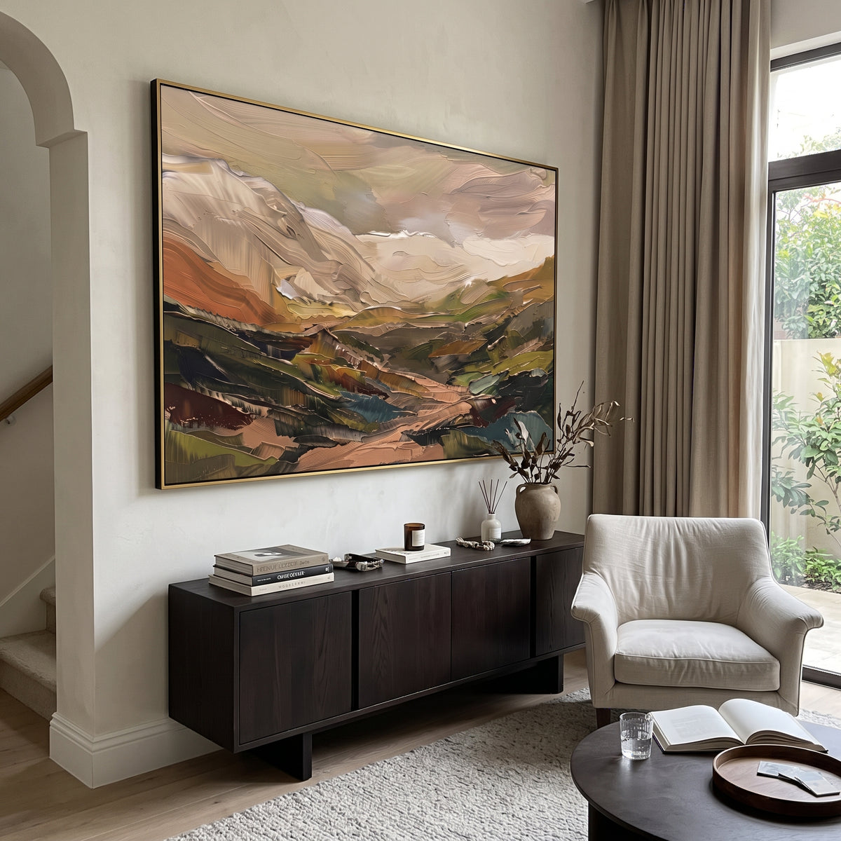 Gentle Distant Mountain River Valley focuses on layered mountain ridges opening toward a bright winding river. The composition keeps the principal subject clearly separated from the painted field, so the eye can follow the specific gesture, silhouette, garment, fur, petal, ridge, or river visible in this artwork. Its color relationships move between green, brown, and yellow, with lighter passages opening the focal area and deeper strokes giving the forms weight. Palette-knife edges, impasto
