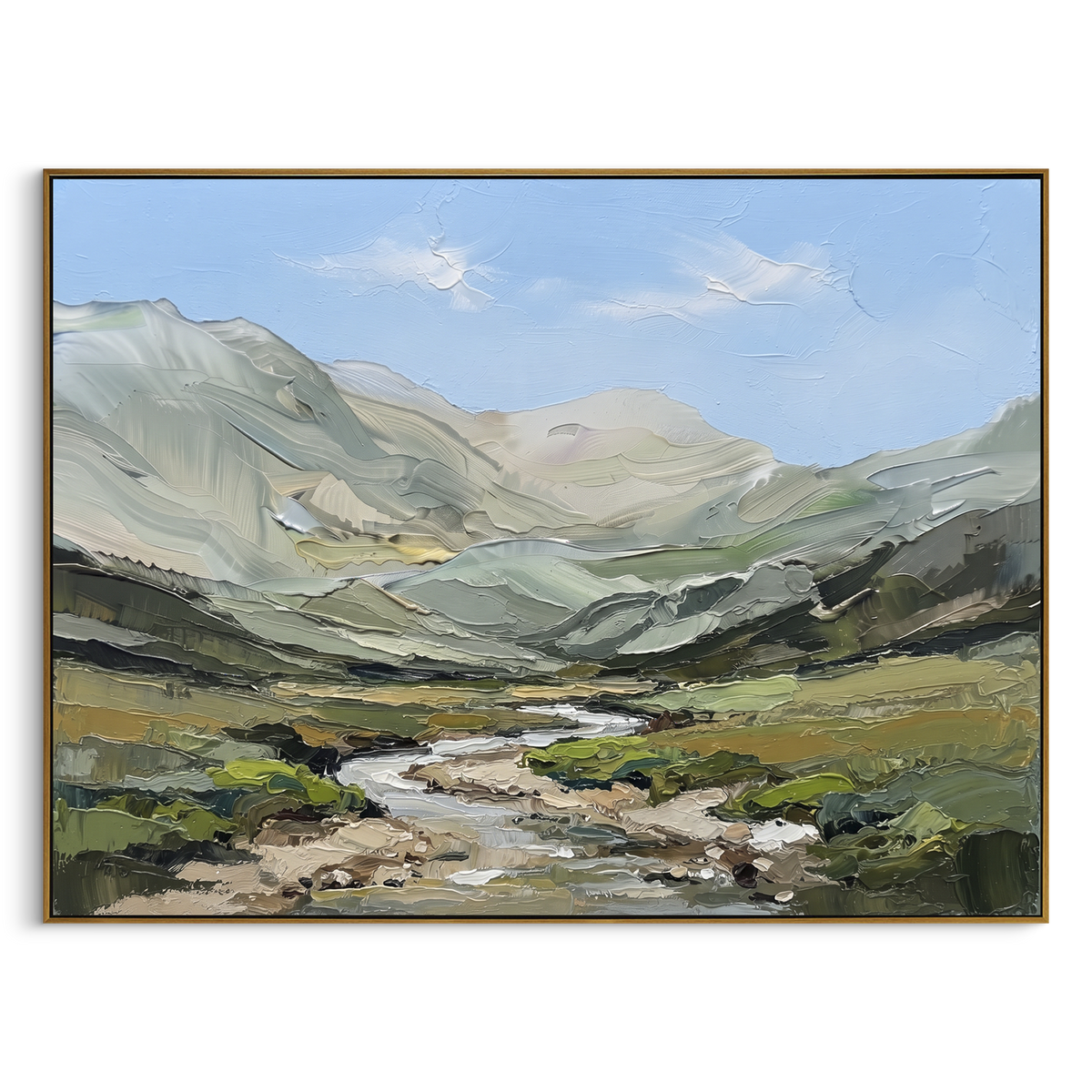 Open Distant Mountain River Valley focuses on layered mountain ridges opening toward a bright winding river. The composition keeps the principal subject clearly separated from the painted field, so the eye can follow the specific gesture, silhouette, garment, fur, petal, ridge, or river visible in this artwork. Its color relationships move between orange, black, and beige, with lighter passages opening the focal area and deeper strokes giving the forms weight. Palette-knife edges, impasto