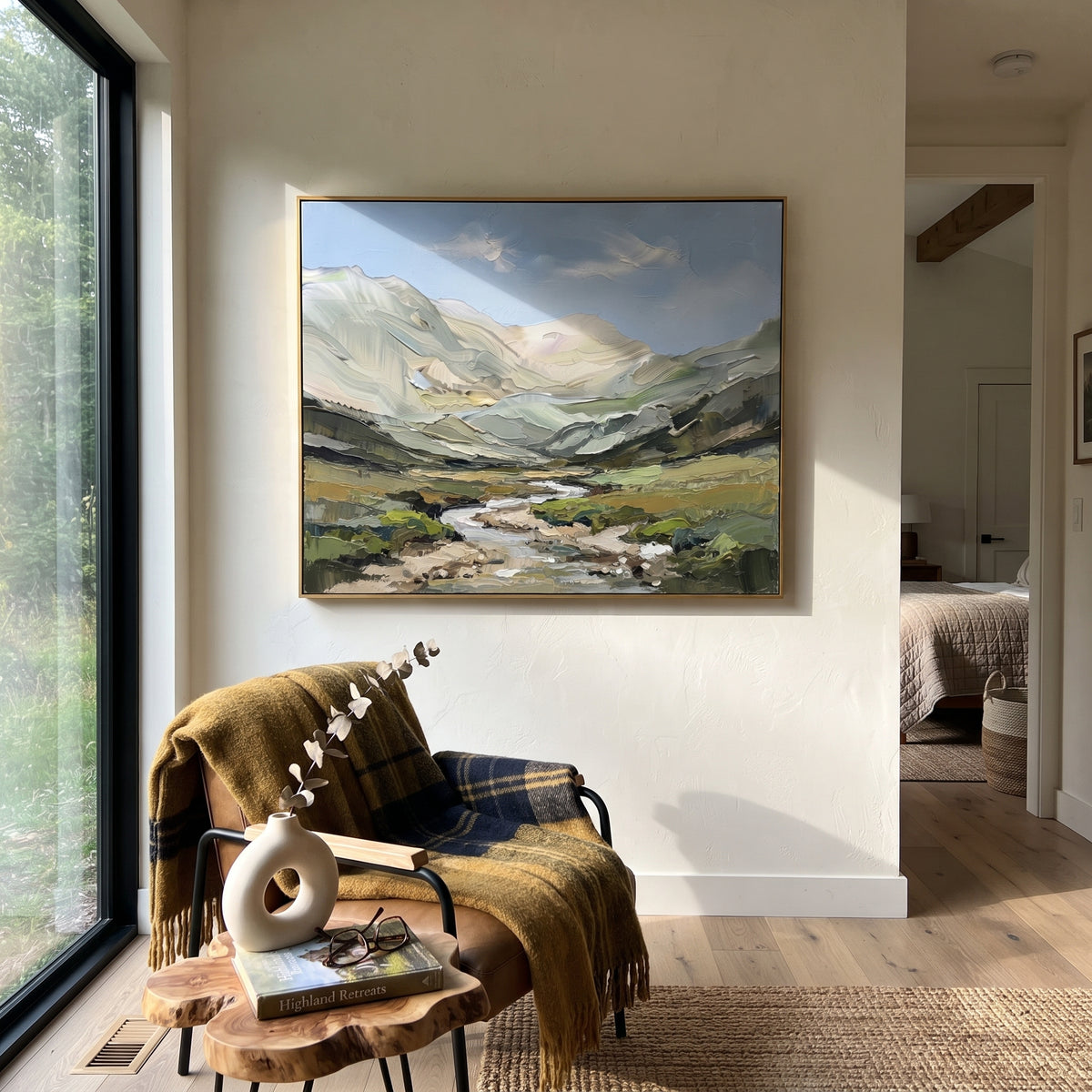 Open Distant Mountain River Valley focuses on layered mountain ridges opening toward a bright winding river. The composition keeps the principal subject clearly separated from the painted field, so the eye can follow the specific gesture, silhouette, garment, fur, petal, ridge, or river visible in this artwork. Its color relationships move between orange, black, and beige, with lighter passages opening the focal area and deeper strokes giving the forms weight. Palette-knife edges, impasto