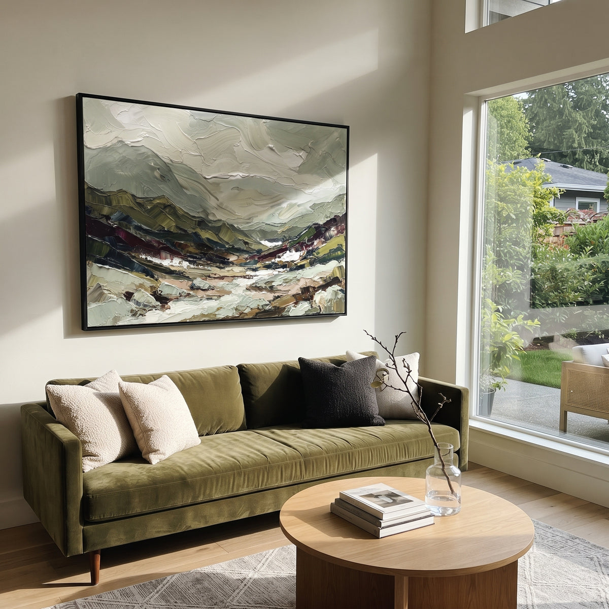 Wandering Distant Mountain River Valley focuses on layered mountain ridges opening toward a bright winding river. The composition keeps the principal subject clearly separated from the painted field, so the eye can follow the specific gesture, silhouette, garment, fur, petal, ridge, or river visible in this artwork. Its color relationships move between blue, red, and white, with lighter passages opening the focal area and deeper strokes giving the forms weight. Palette-knife edges, impasto
