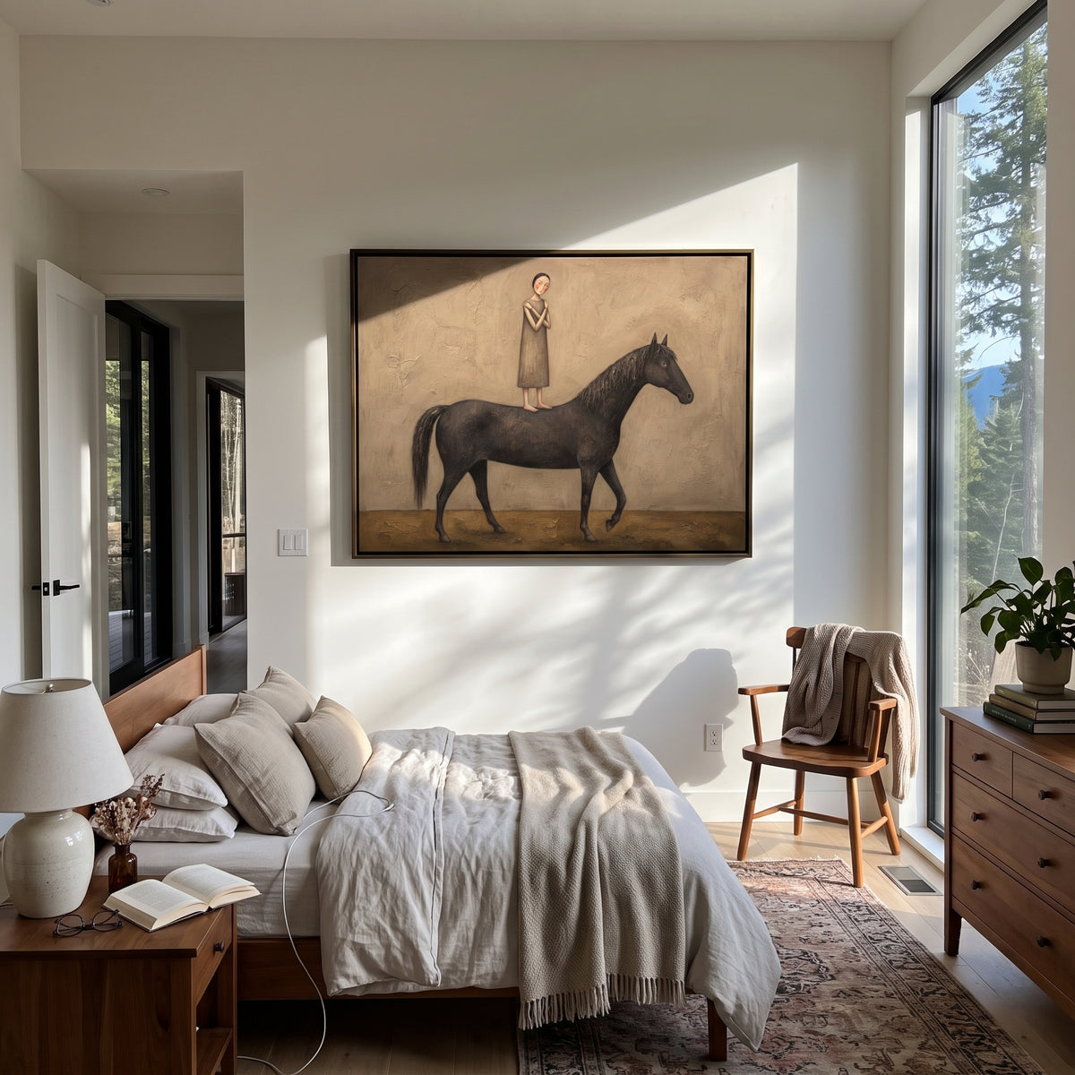 Reflective Distant Woman with Mythic Animal focuses on a woman resting across a goat, stag, or dark horned animal. The composition keeps the principal subject clearly separated from the painted field, so the eye can follow the specific gesture, silhouette, garment, fur, petal, ridge, or river visible in this artwork. Its color relationships move between green, grey, and pink, with lighter passages opening the focal area and deeper strokes giving the forms weight. Palette-knife edges, impasto