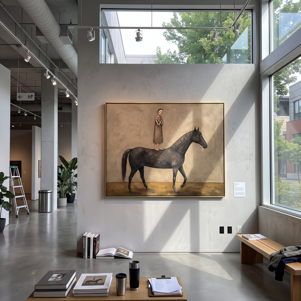 Reflective Distant Woman with Mythic Animal focuses on a woman resting across a goat, stag, or dark horned animal. The composition keeps the principal subject clearly separated from the painted field, so the eye can follow the specific gesture, silhouette, garment, fur, petal, ridge, or river visible in this artwork. Its color relationships move between green, grey, and pink, with lighter passages opening the focal area and deeper strokes giving the forms weight. Palette-knife edges, impasto