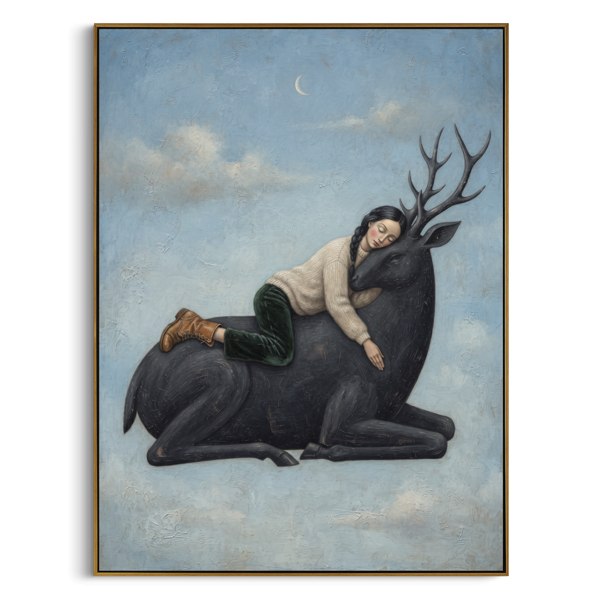 Cobalt Gathered Woman with Mythic Animal focuses on a woman resting across a goat, stag, or dark horned animal. The composition keeps the principal subject clearly separated from the painted field, so the eye can follow the specific gesture, silhouette, garment, fur, petal, ridge, or river visible in this artwork. Its color relationships move between blue, grey, and white, with lighter passages opening the focal area and deeper strokes giving the forms weight. Palette-knife edges, impasto