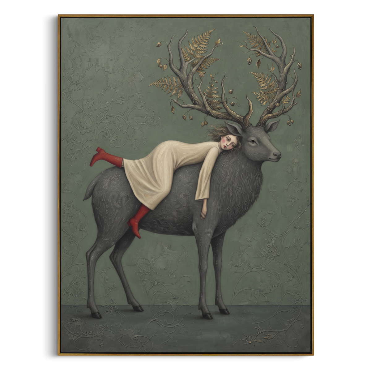 Golden Gathered Woman with Mythic Animal focuses on a woman resting across a goat, stag, or dark horned animal. The composition keeps the principal subject clearly separated from the painted field, so the eye can follow the specific gesture, silhouette, garment, fur, petal, ridge, or river visible in this artwork. Its color relationships move between orange, black, and beige, with lighter passages opening the focal area and deeper strokes giving the forms weight. Palette-knife edges, impasto