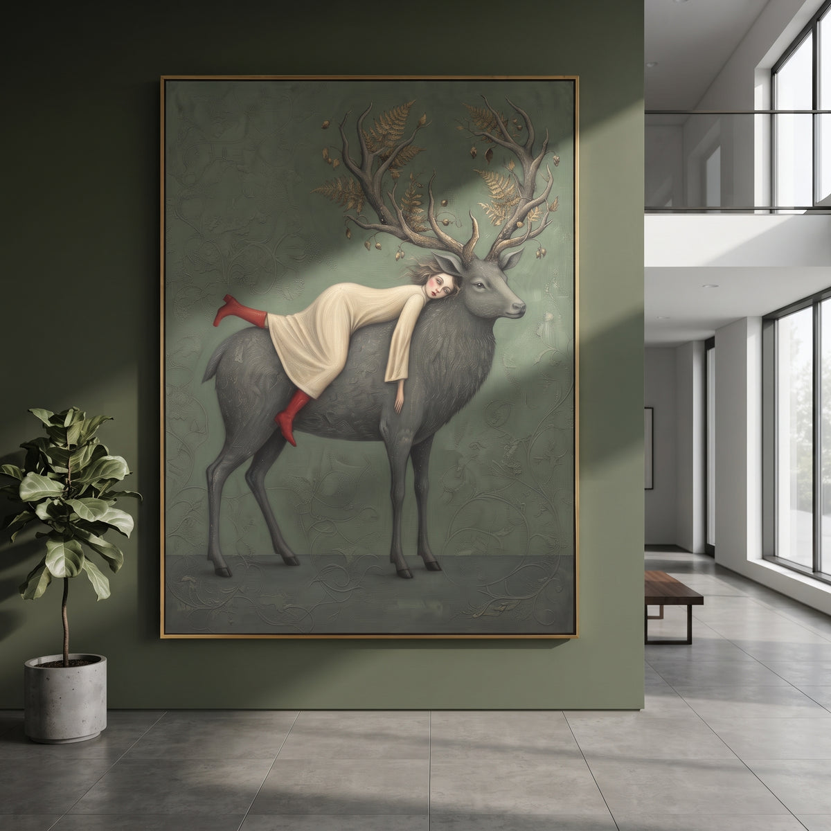 Golden Gathered Woman with Mythic Animal focuses on a woman resting across a goat, stag, or dark horned animal. The composition keeps the principal subject clearly separated from the painted field, so the eye can follow the specific gesture, silhouette, garment, fur, petal, ridge, or river visible in this artwork. Its color relationships move between orange, black, and beige, with lighter passages opening the focal area and deeper strokes giving the forms weight. Palette-knife edges, impasto