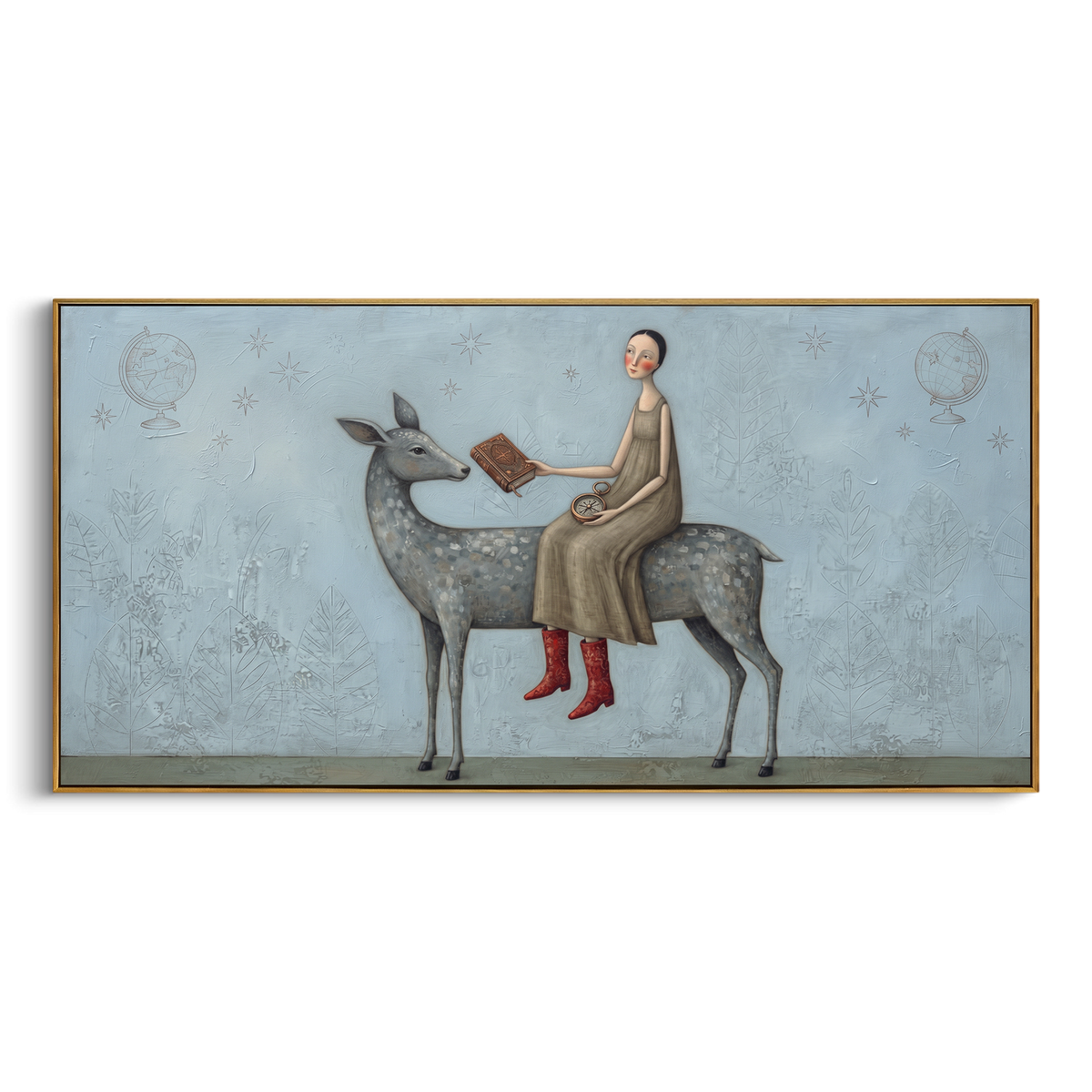 Gathered Gathered Woman with Mythic Animal focuses on a woman resting across a goat, stag, or dark horned animal. The composition keeps the principal subject clearly separated from the painted field, so the eye can follow the specific gesture, silhouette, garment, fur, petal, ridge, or river visible in this artwork. Its color relationships move between blue, beige, and brown, with lighter passages opening the focal area and deeper strokes giving the forms weight. Palette-knife edges, impasto